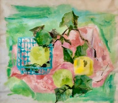 Nature morte rose et verte, citrons et lys dans un panier Peinture de pique-nique moderniste