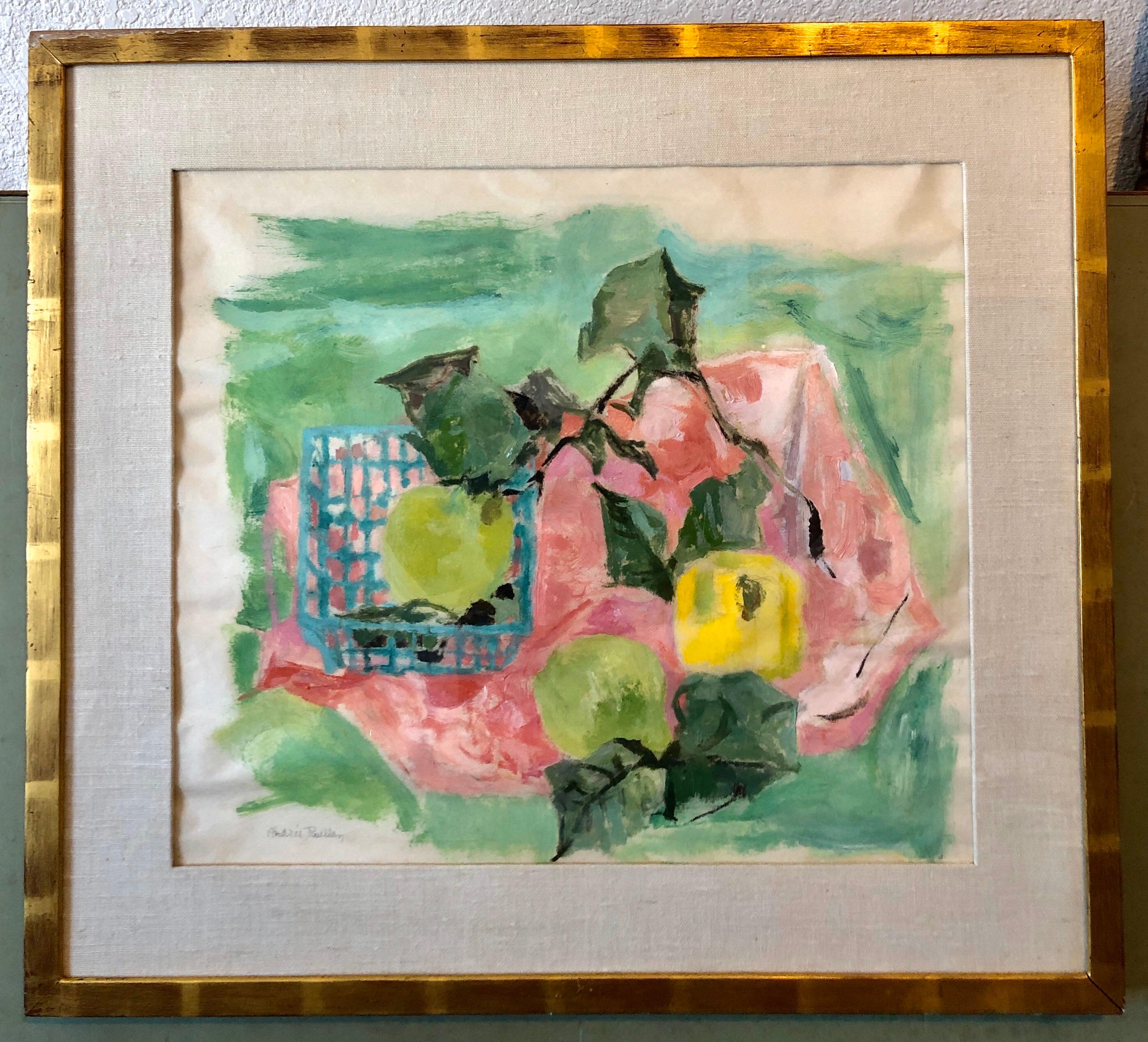 Nature morte rose et verte, citrons et lys dans un panier Peinture de pique-nique moderniste 3