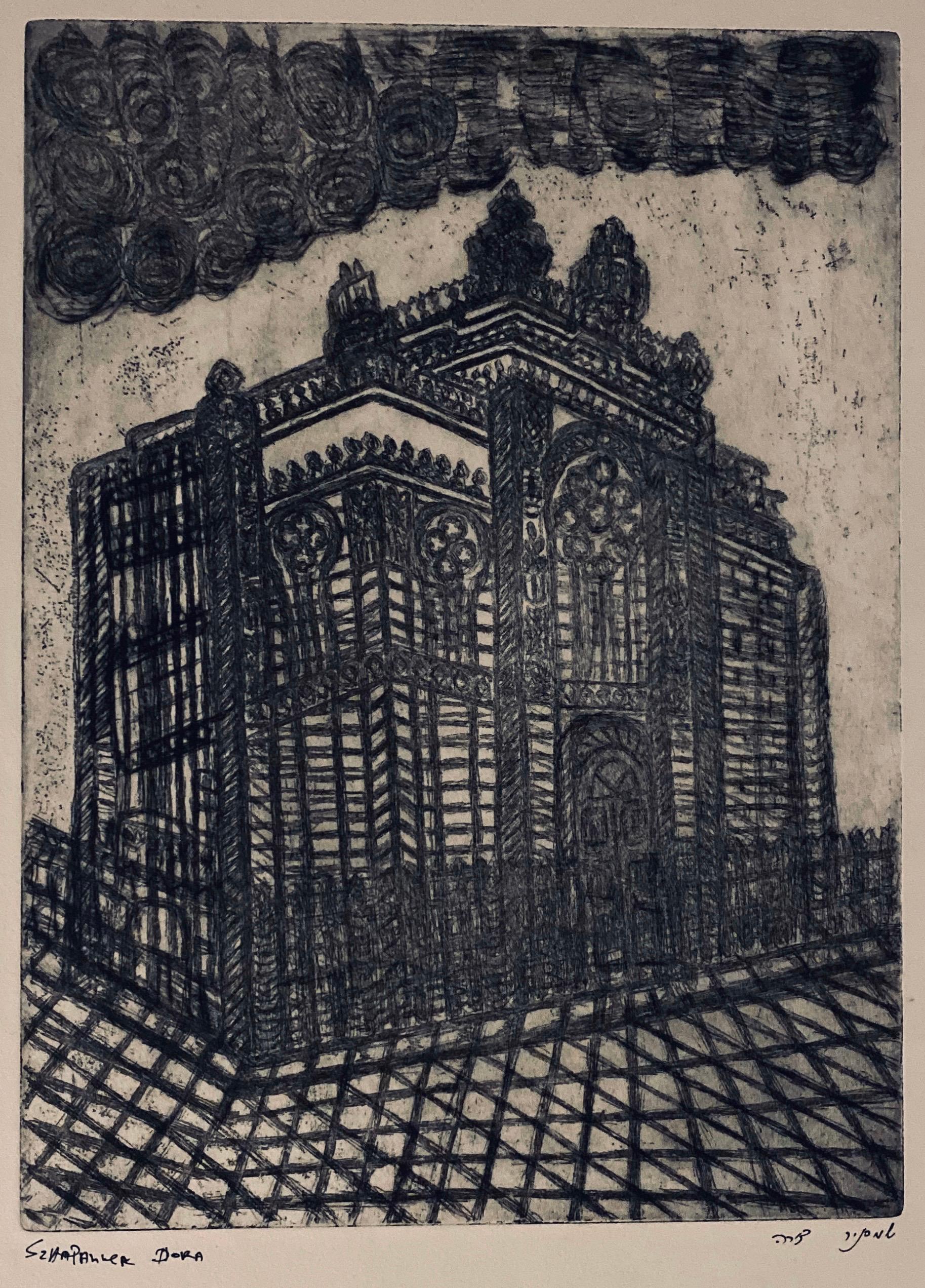 Etching of destroyed synagogue - Lodz, Poland  - Print by Dora Szampanier