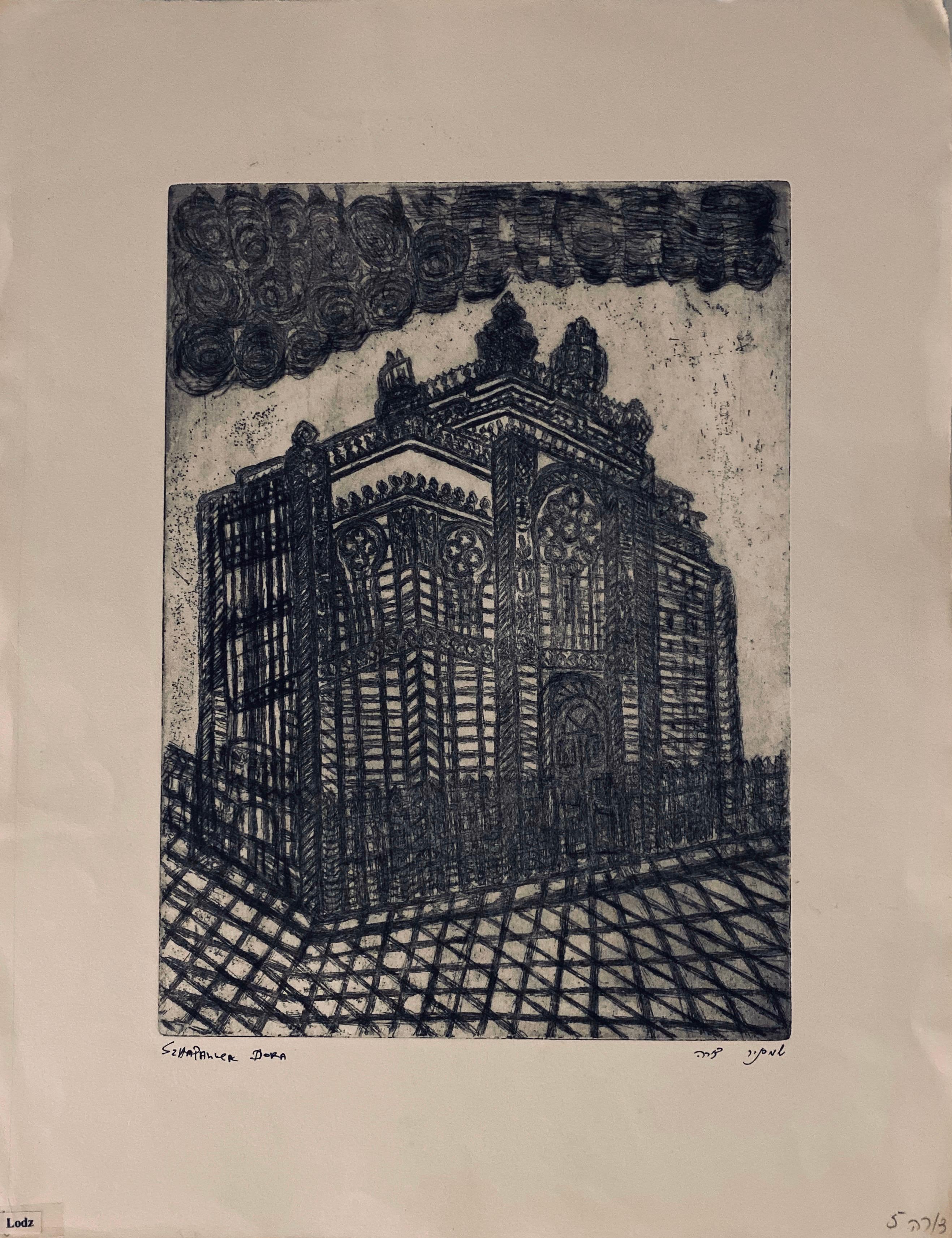 Figurative Print Dora Szampanier - Gravure d'une synagogue détruite - Lodz, Pologne 