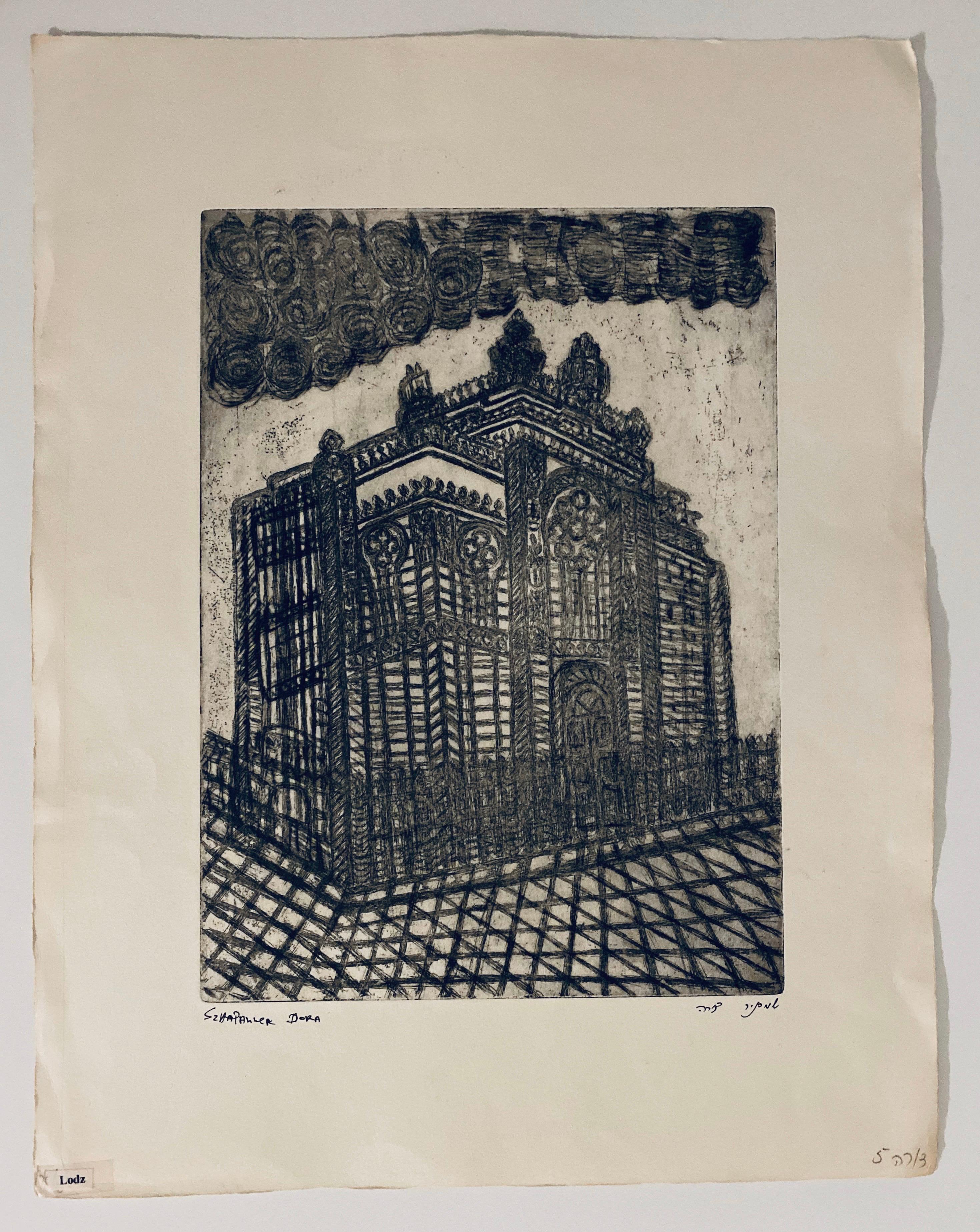 Etching of destroyed synagogue - Lodz, Poland  - Brown Figurative Print by Dora Szampanier