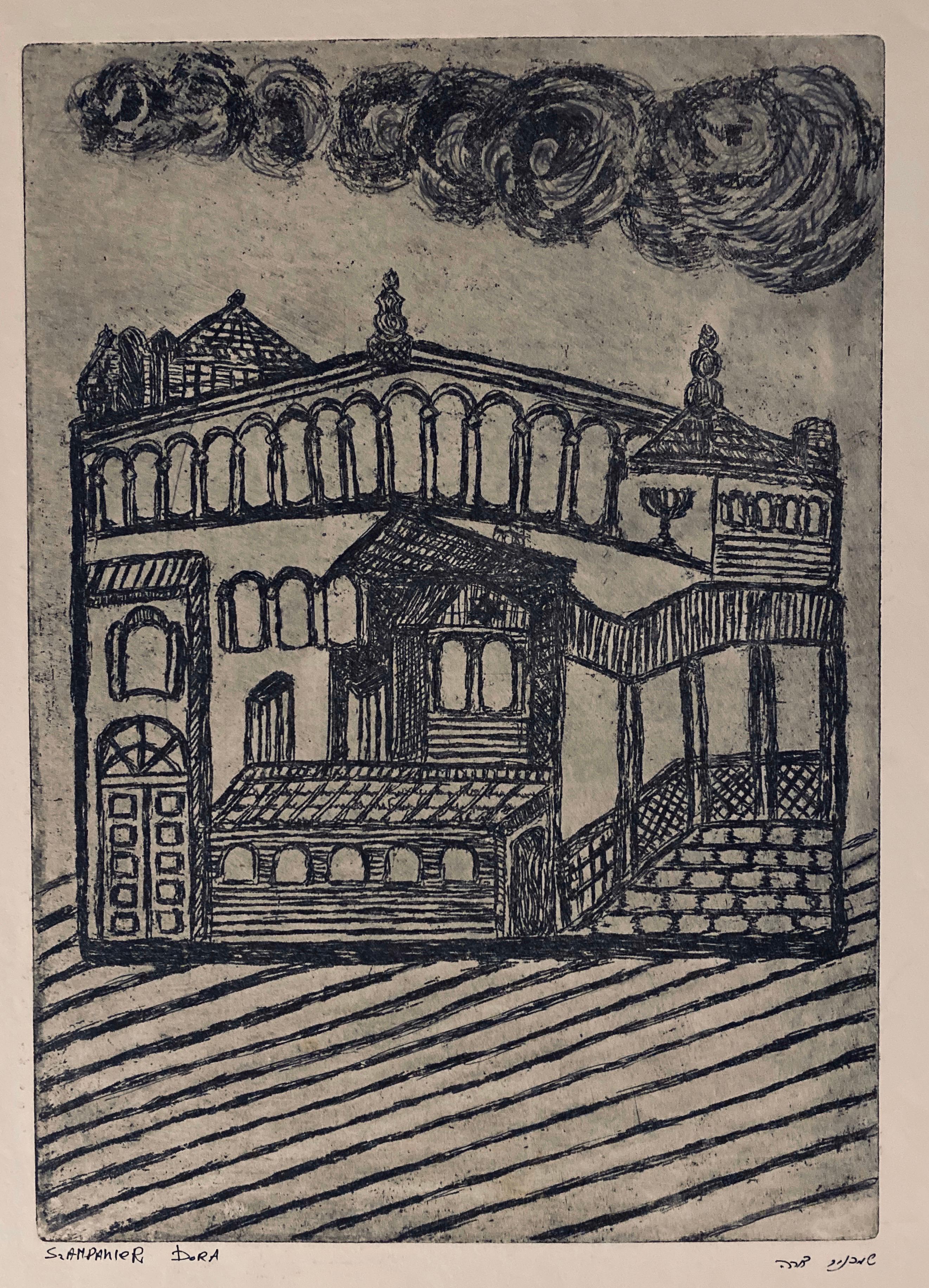 Etching of destroyed synagogue - Cracow, Poland  - Print by Dora Szampanier