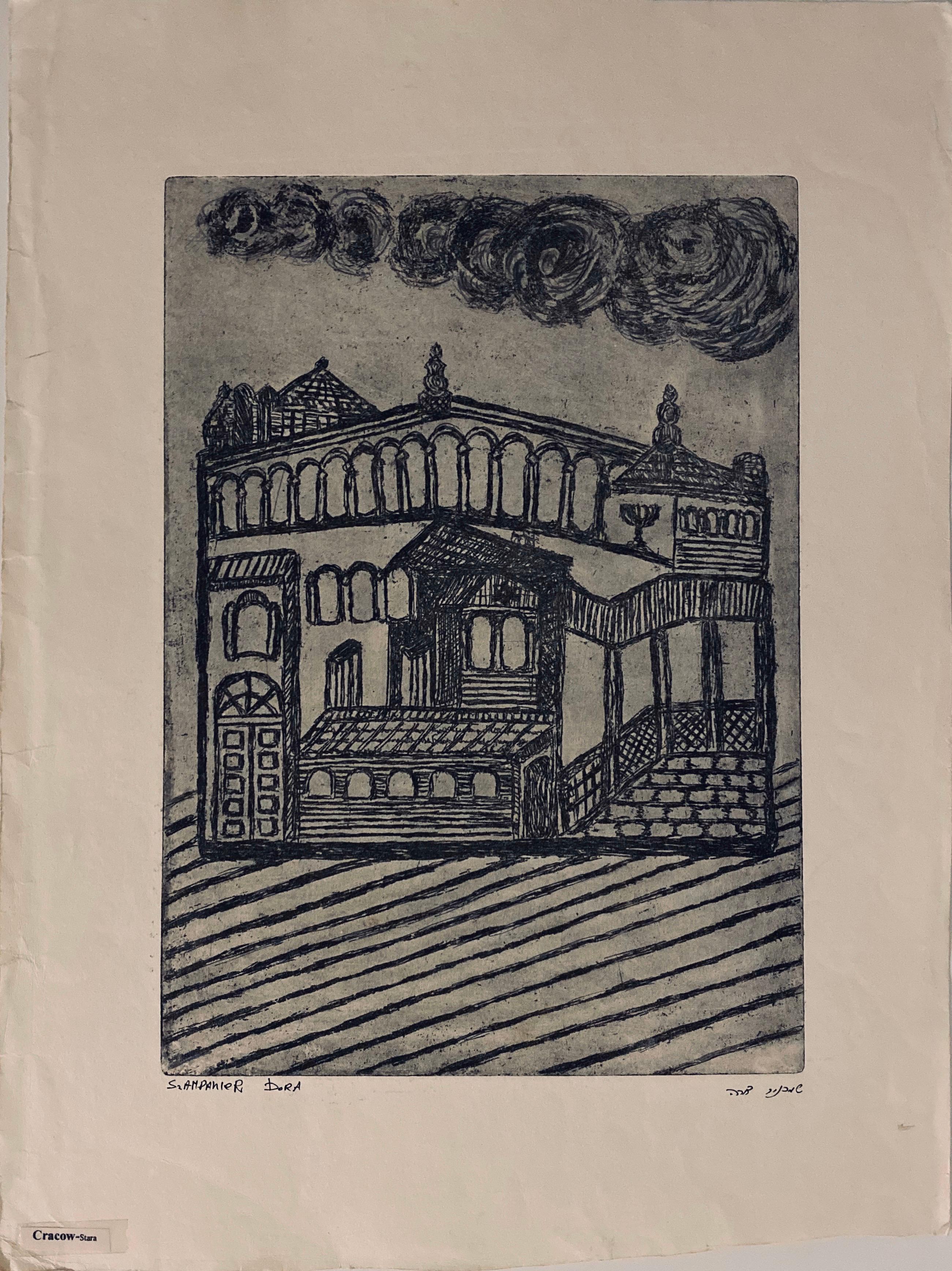 Dora Szampanier Figurative Print - Etching of destroyed synagogue - Cracow, Poland 