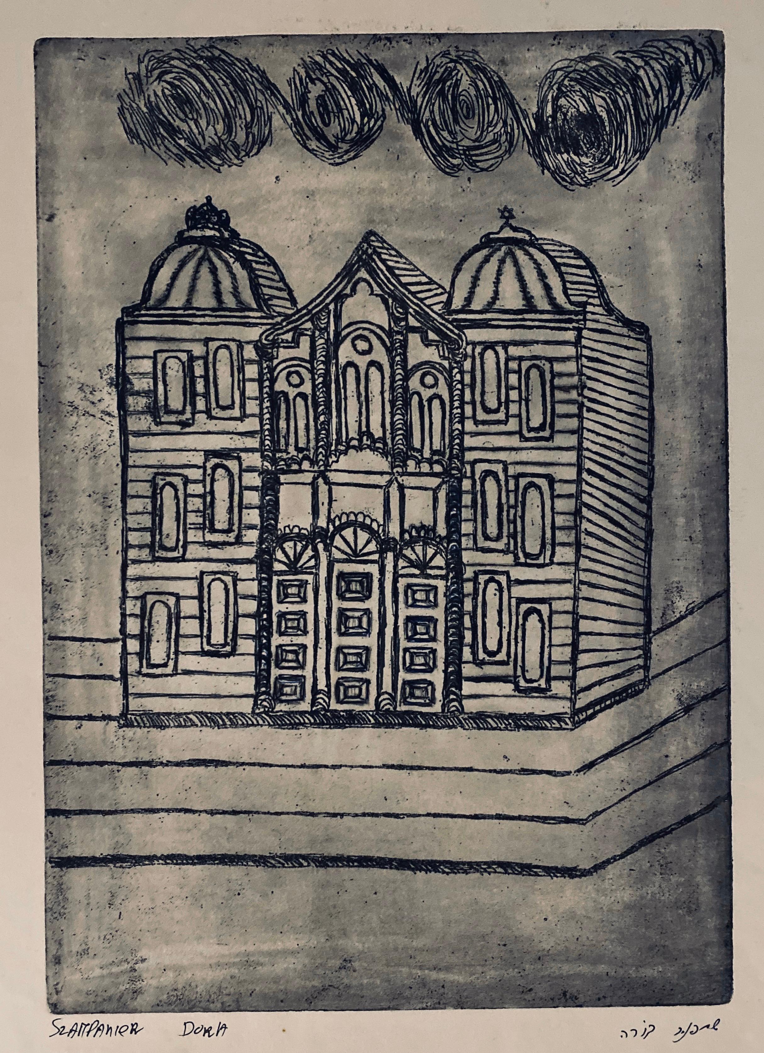 Etching of destroyed synagogue - Adrianopol, Turkey  - Print by Dora Szampanier