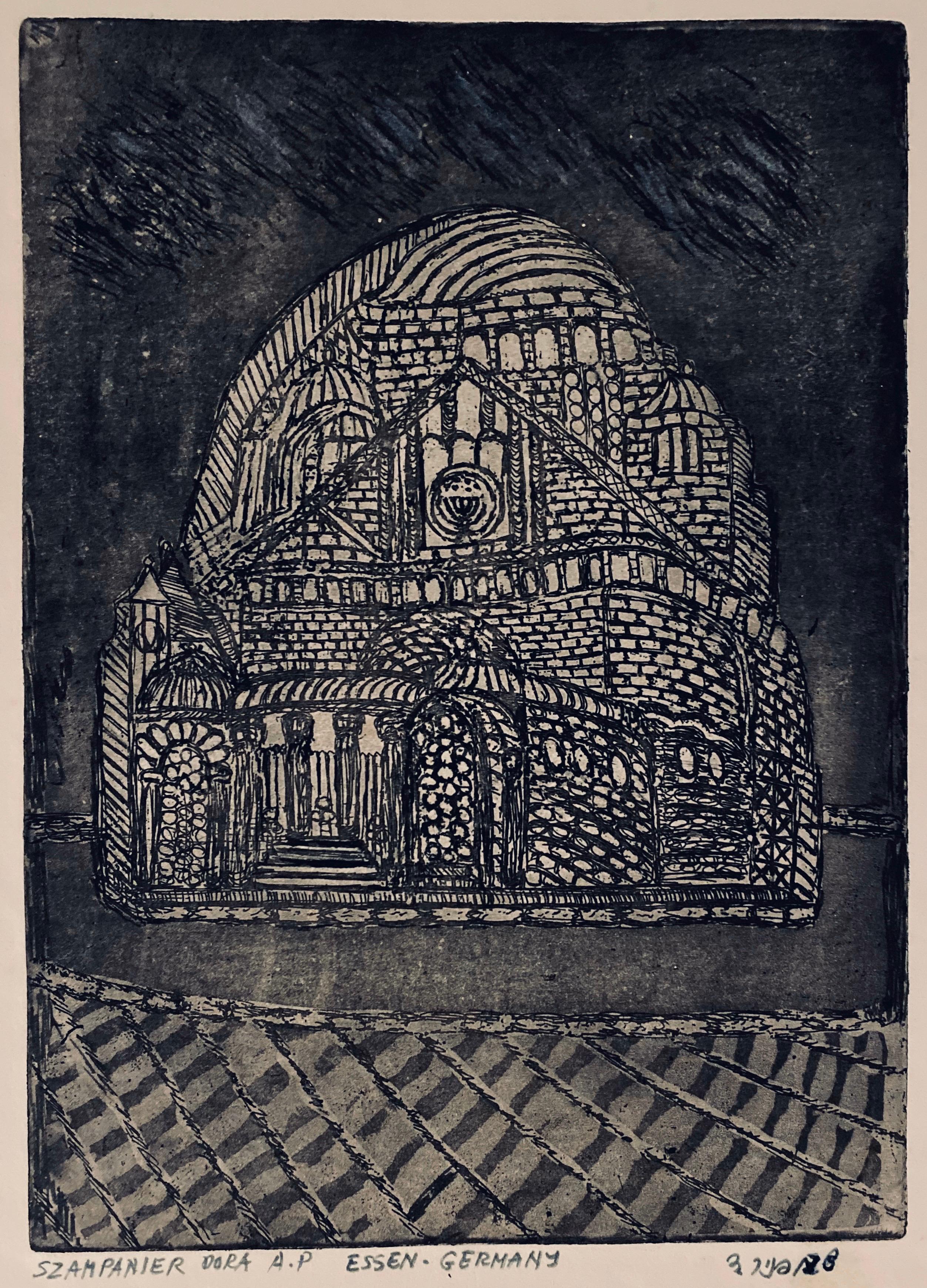 Etching of destroyed synagogue - Essen, Germany 