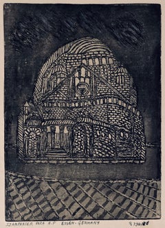 Vintage Etching of destroyed synagogue - Essen, Germany 