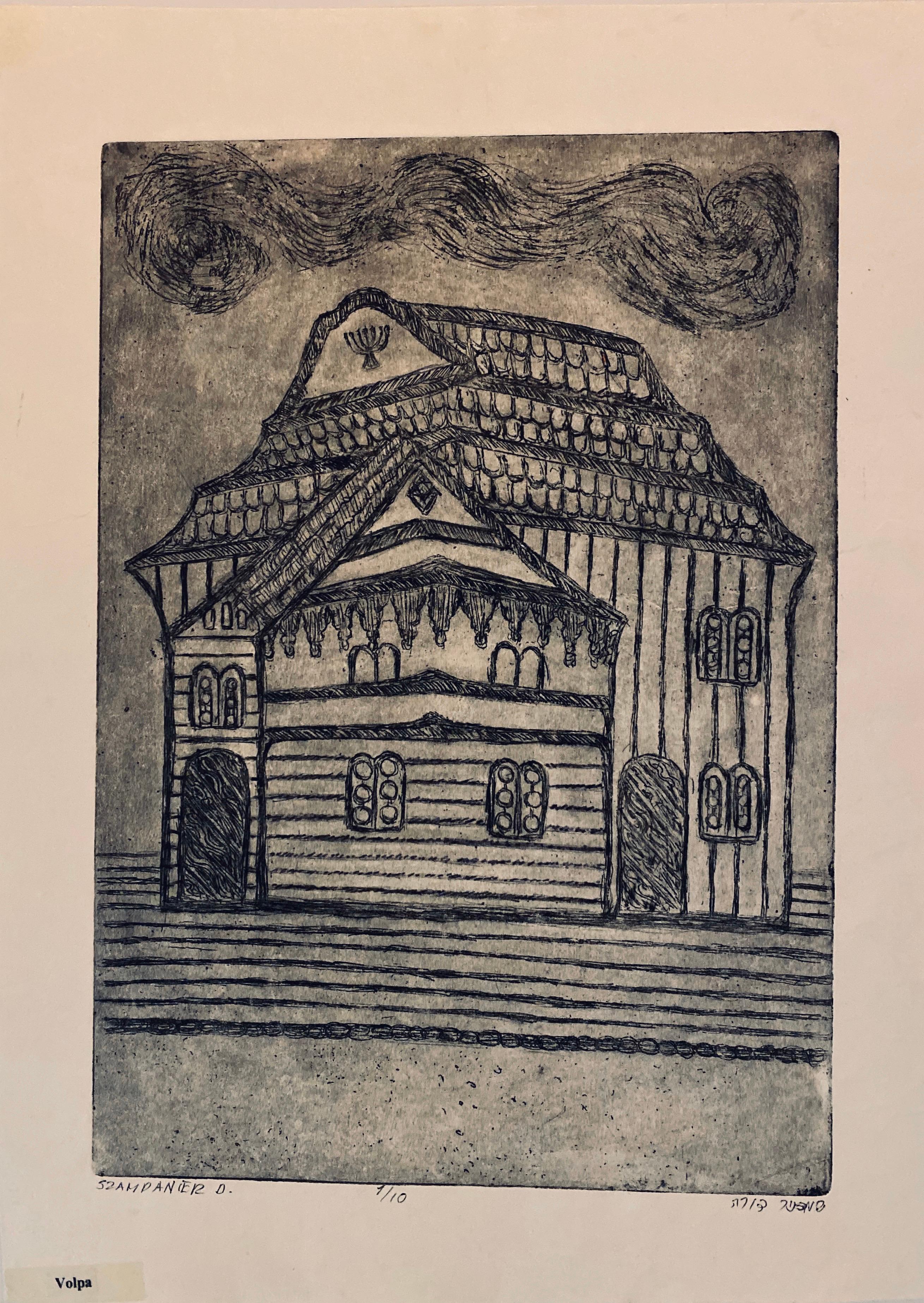 Dora Szampanier Figurative Print - Etching of destroyed synagogue - Volpa, Belarus 