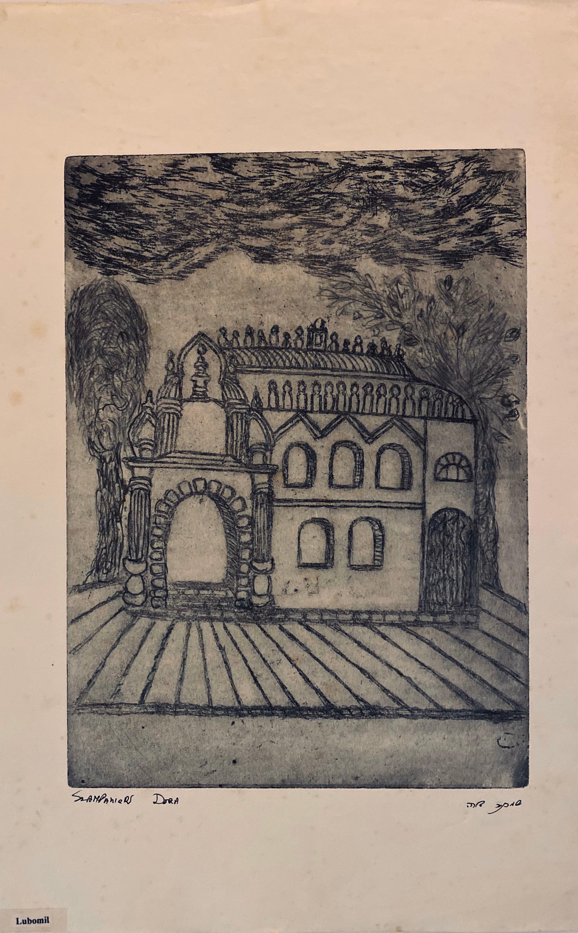 Dora Szampanier Figurative Print - Etching of destroyed synagogue - Lubomil, Ukraine 