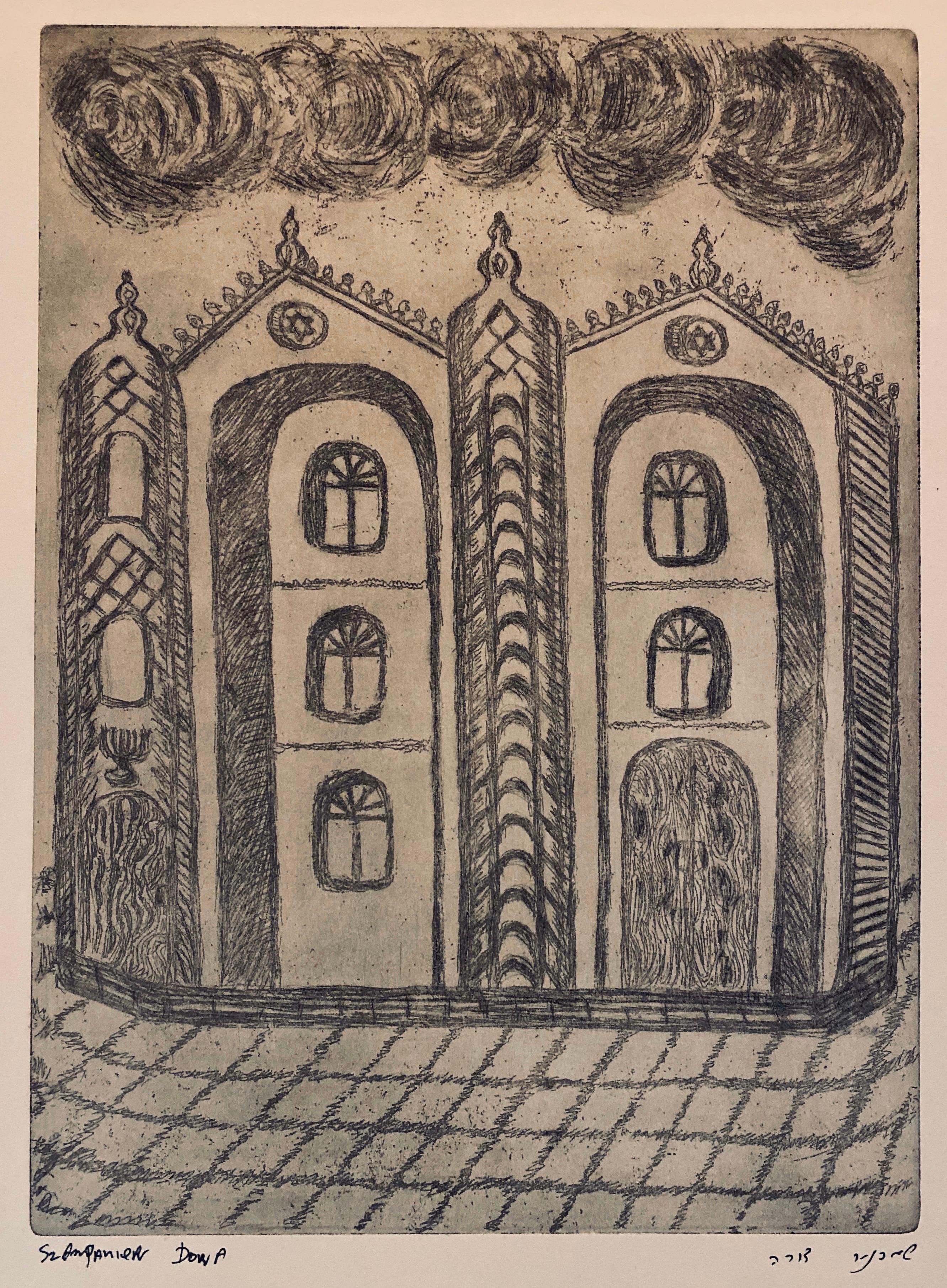 Etching of destroyed synagogue - Drohobisz, Ukraine  - Print by Dora Szampanier