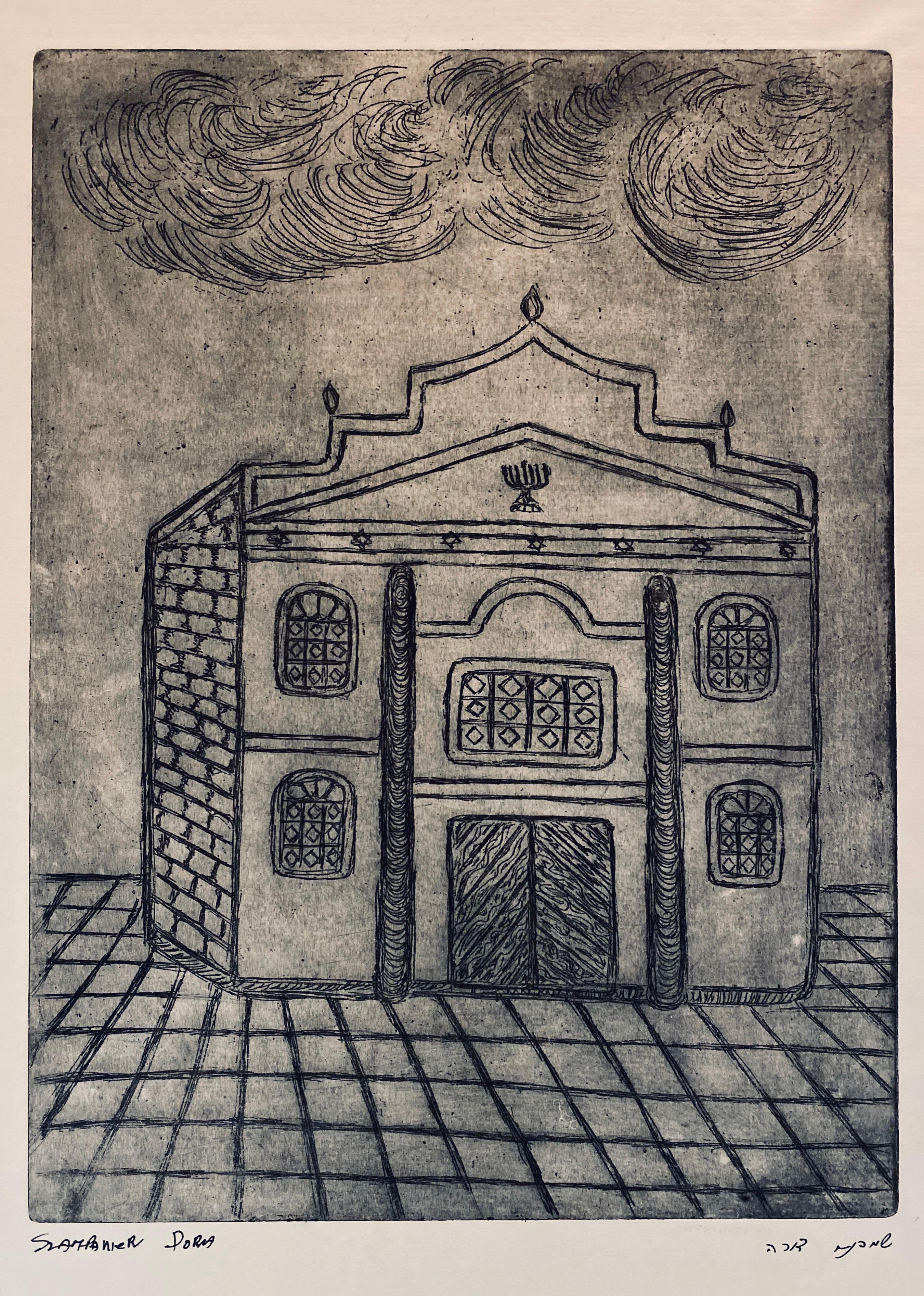 Etching of destroyed synagogue - Sanok, Poland  - Print by Dora Szampanier