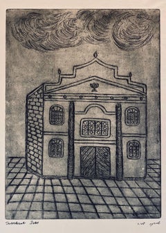Etching of destroyed synagogue - Sanok, Poland