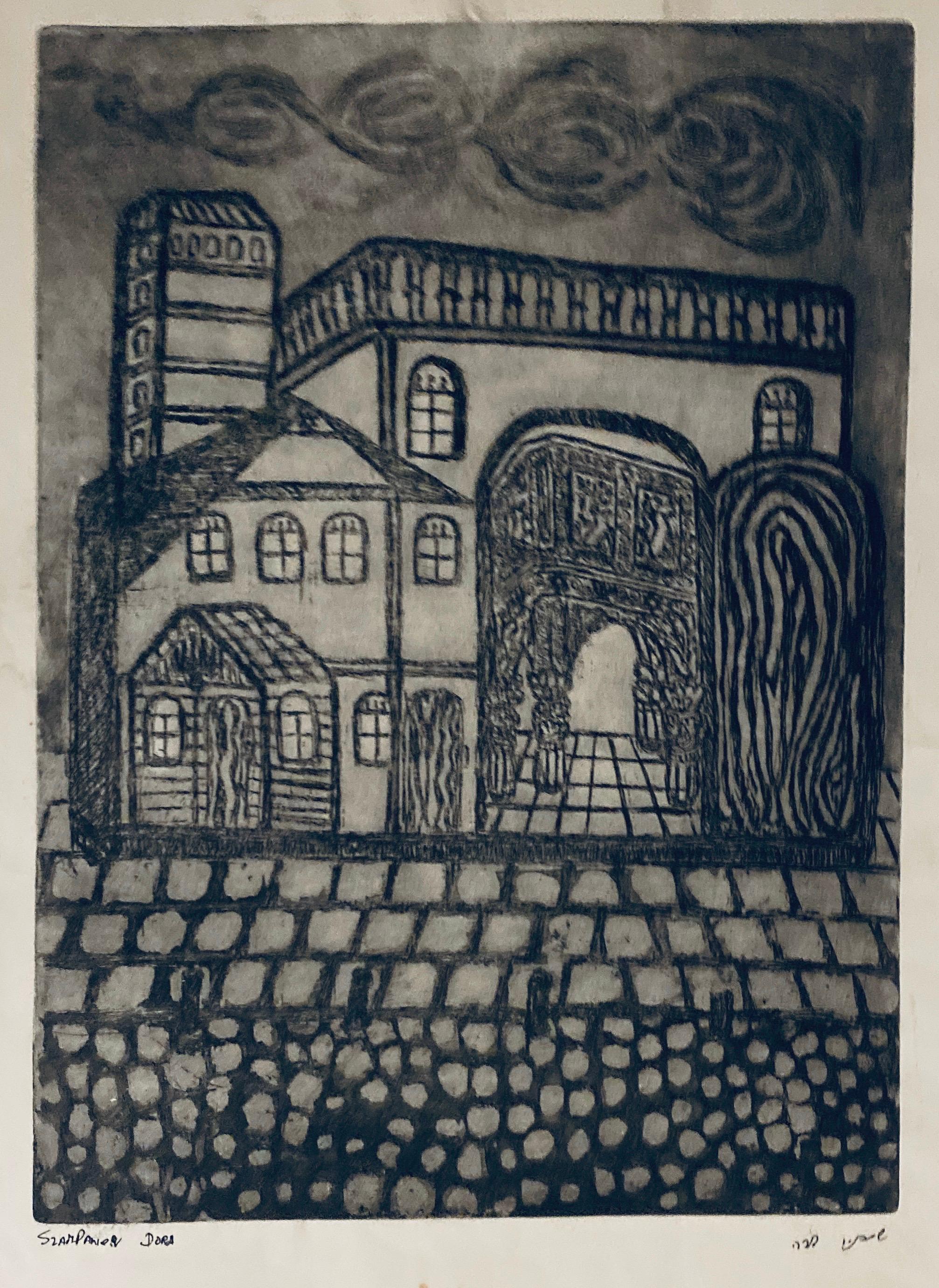 Figurative Print Dora Szampanier - Gravure d'une synagogue détruite - Luck, Pologne 