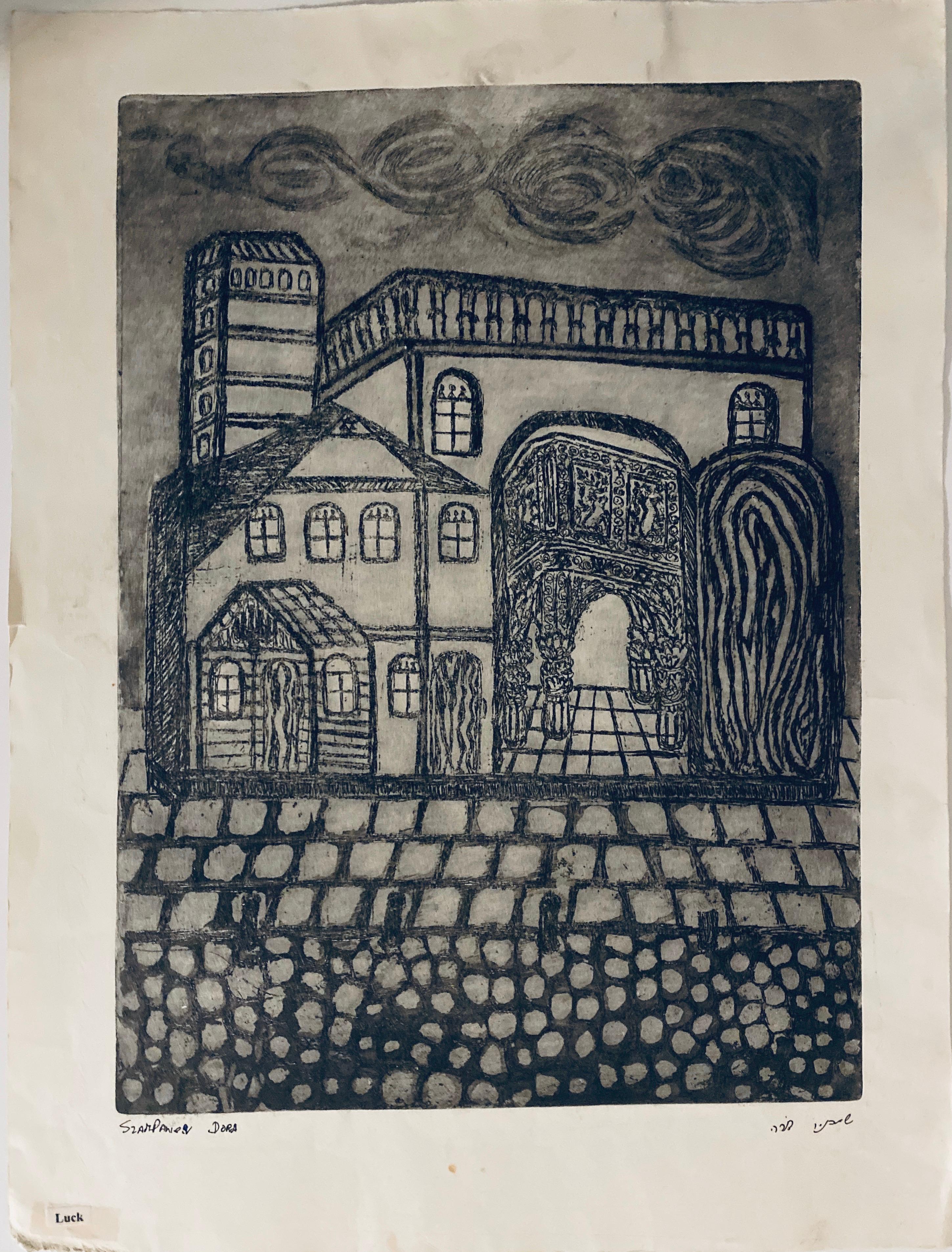 Etching of destroyed synagogue - Luck, Poland  - Print by Dora Szampanier
