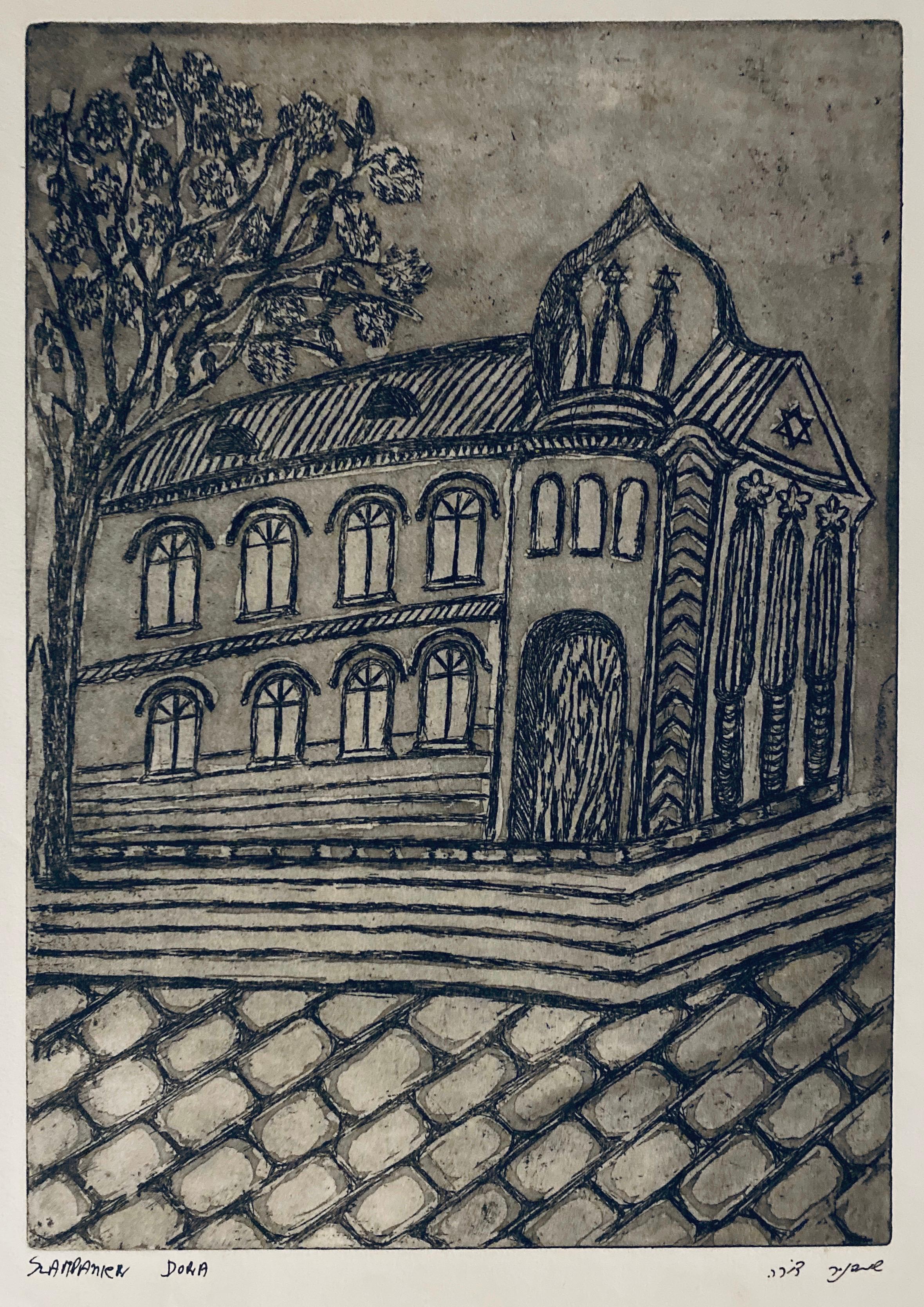 Figurative Print Dora Szampanier - Gravure d'une synagogue détruite - Slonim, Biélorussie 