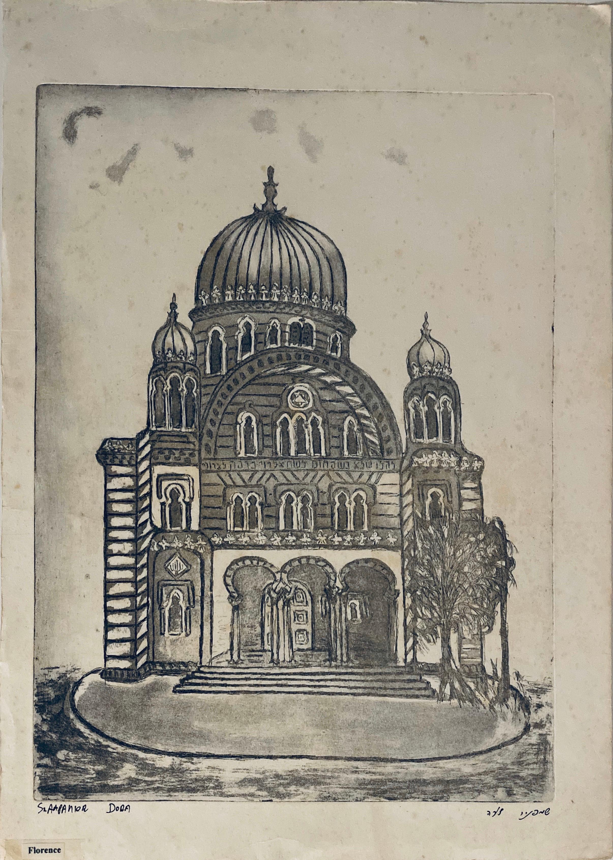 Dora Szampanier Figurative Print - Etching of destroyed synagogue - Florence, Italy
