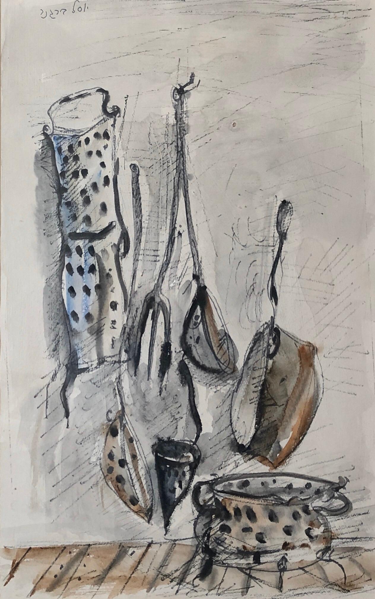 Abstract Composition, Kitchen Utensils.
Ink and watercolor of kitchen implements. Hand signed in Hebrew upper left. Dimensions: (Frame) H 25
