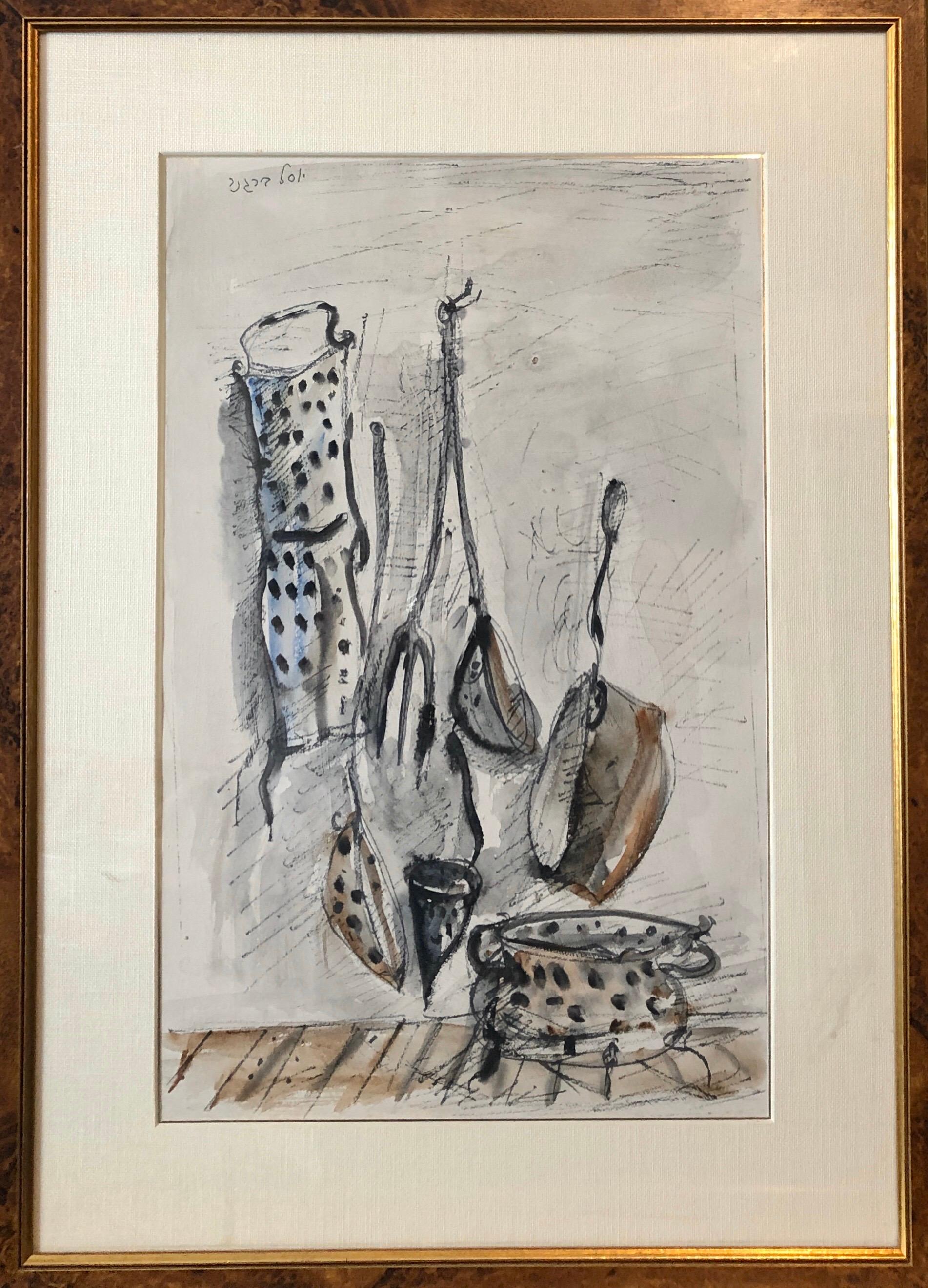 Yosl Bergner, aquarelle moderniste israélienne - Pots à dessin, panneaux