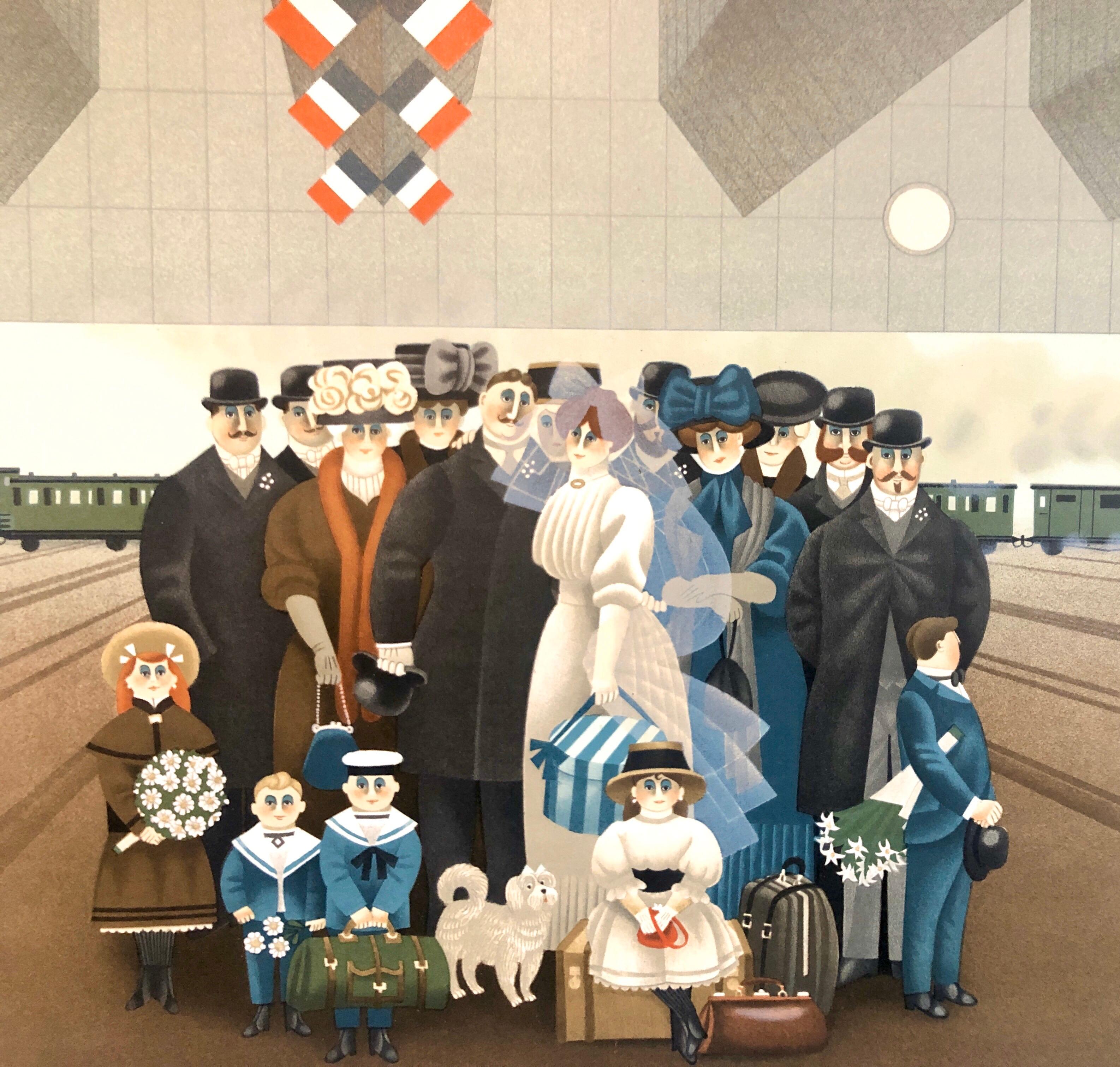 Naive Lithograph Paris Train Station Wedding Party, Honeymoon Scene Folk Art - Print by Jan Balet
