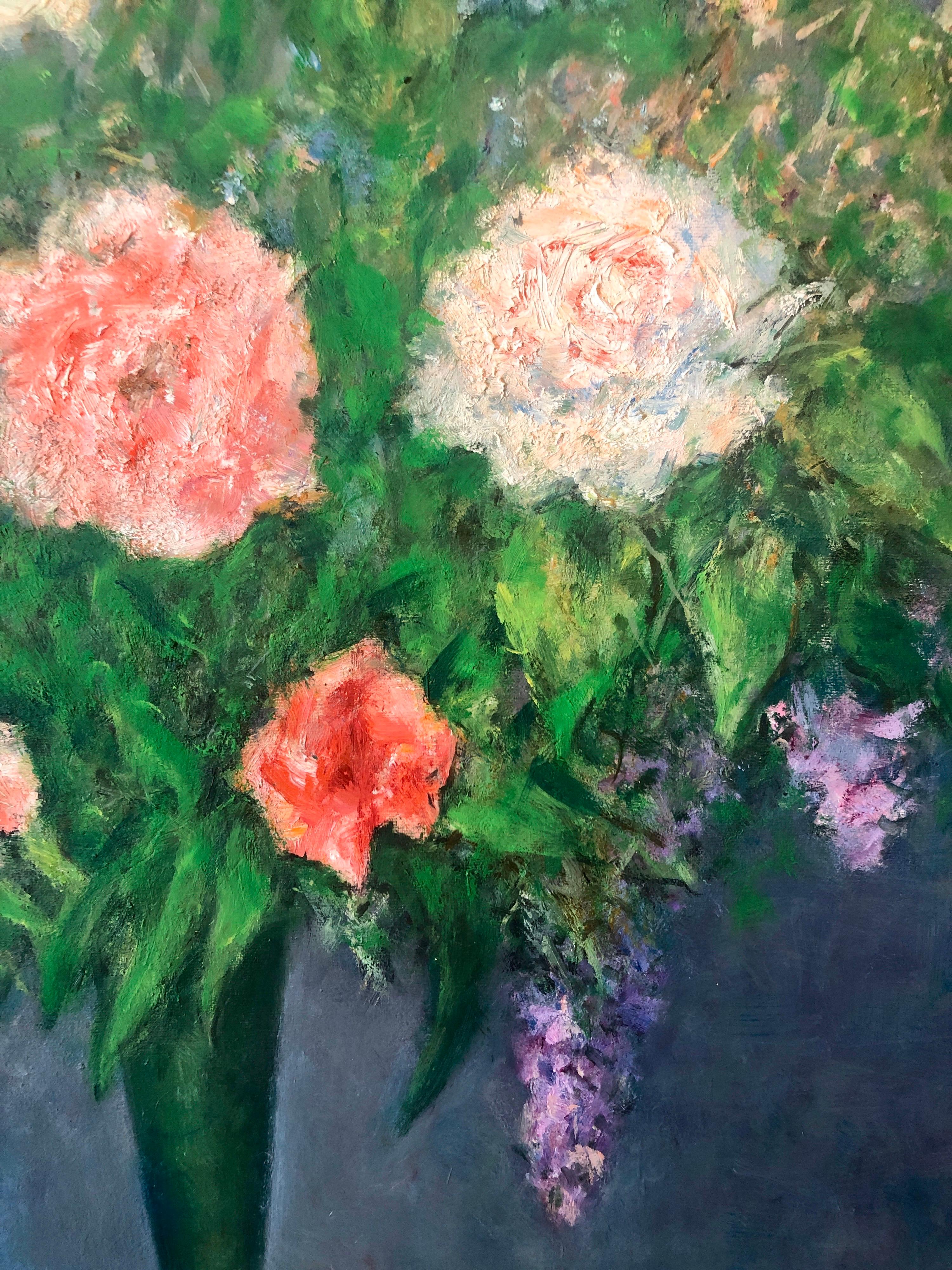Amerikanisches impressionistisches Ölgemälde mit Blumen in Vase, lebhafte Blumen im Angebot 1
