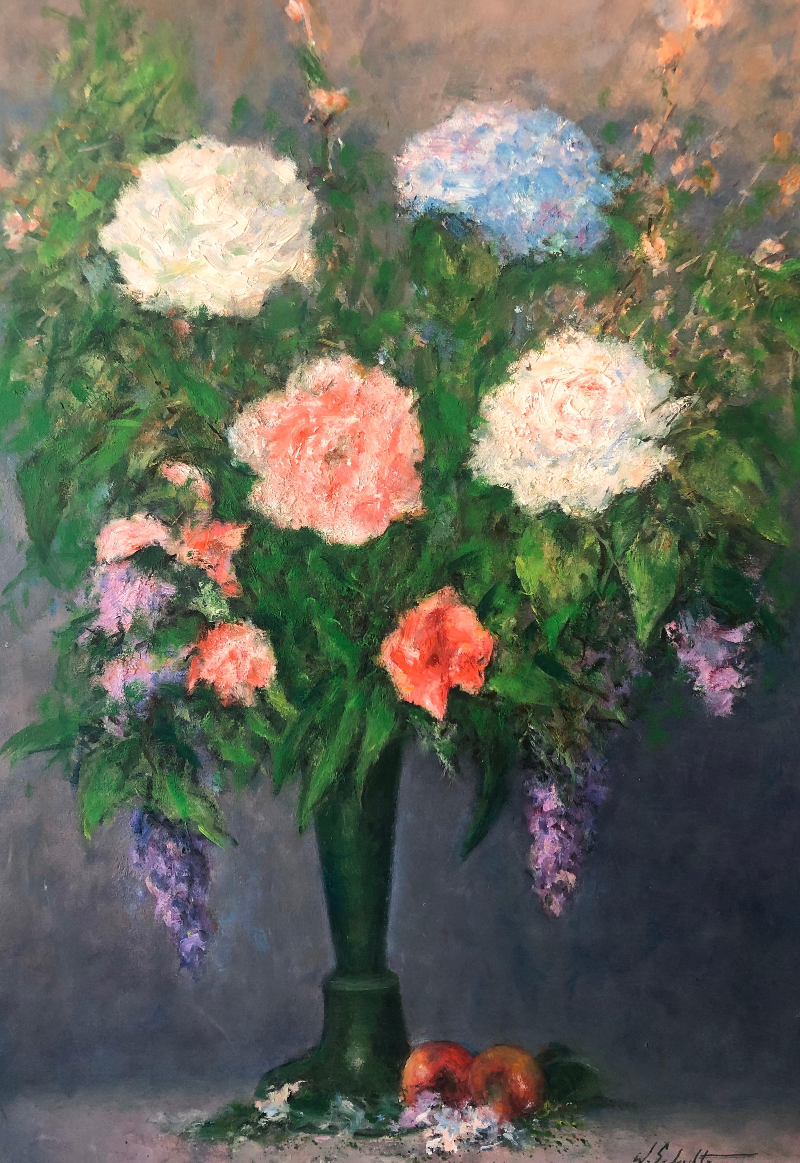 Amerikanisches impressionistisches Ölgemälde mit Blumen in Vase, lebhafte Blumen (Grau), Still-Life Painting, von William Schultz