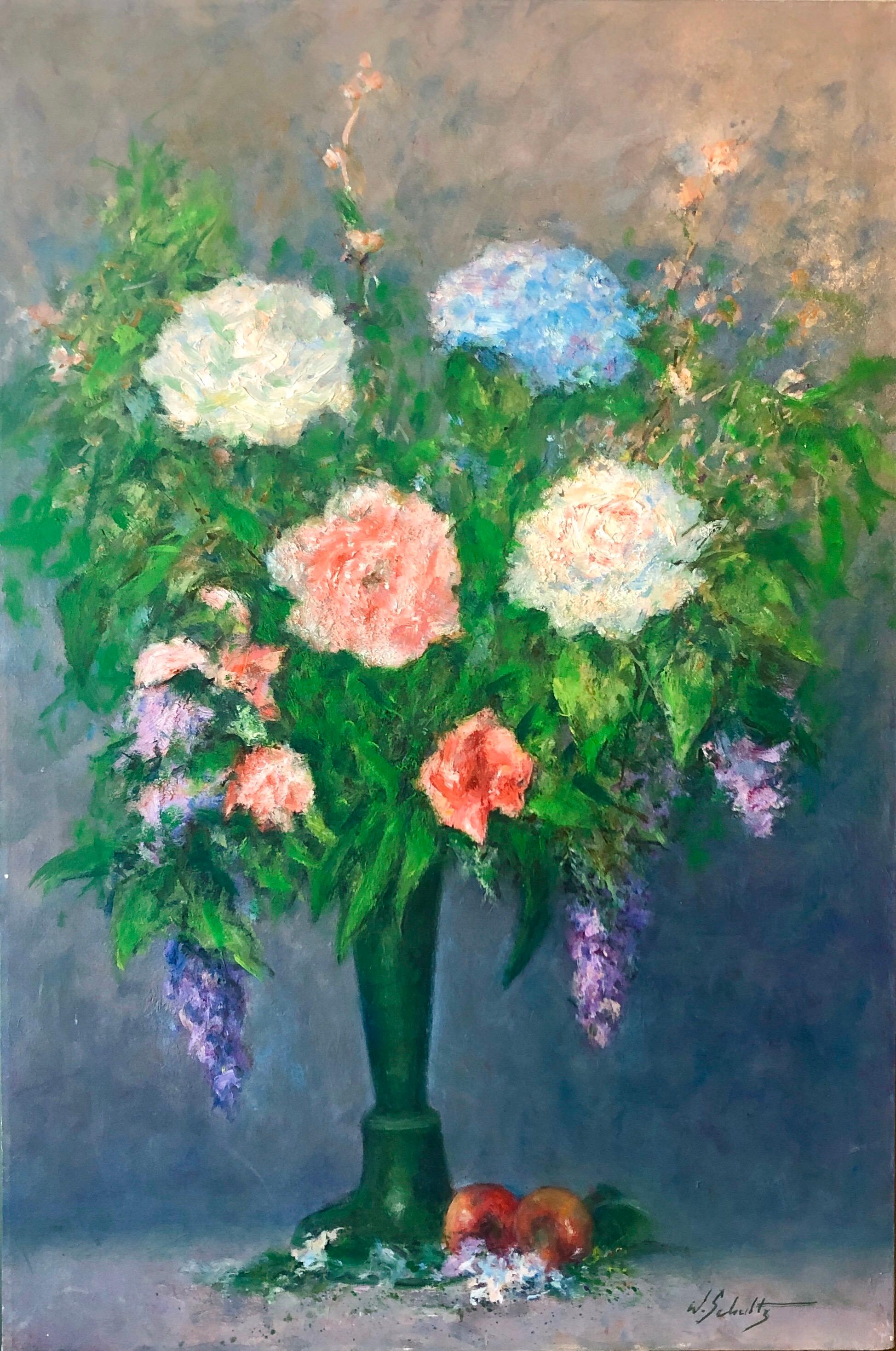 American Impressionist Floral Oil Painting Vibrant Flowers in Vase