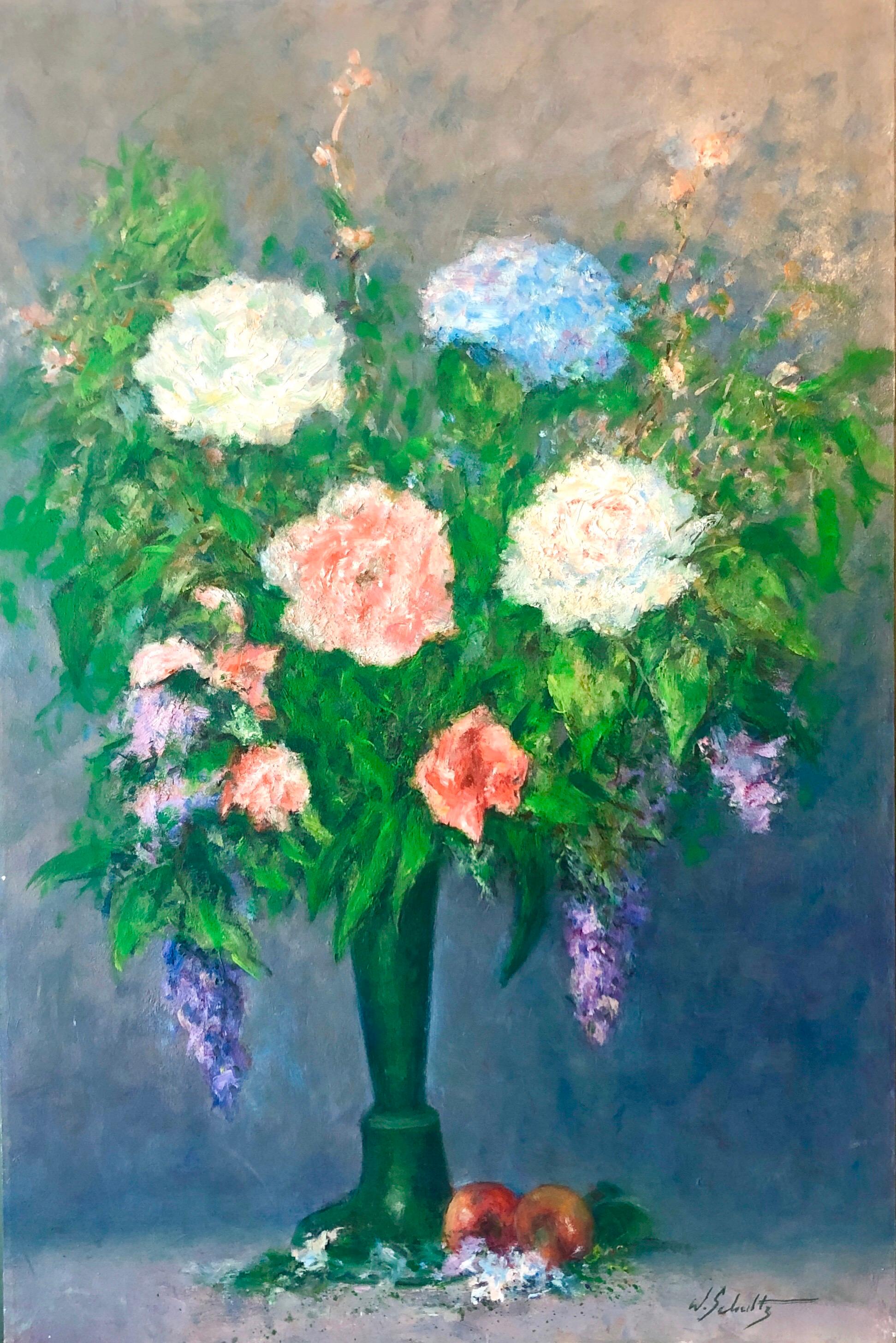 Amerikanisches impressionistisches Ölgemälde mit Blumen in Vase, lebhafte Blumen – Painting von William Schultz
