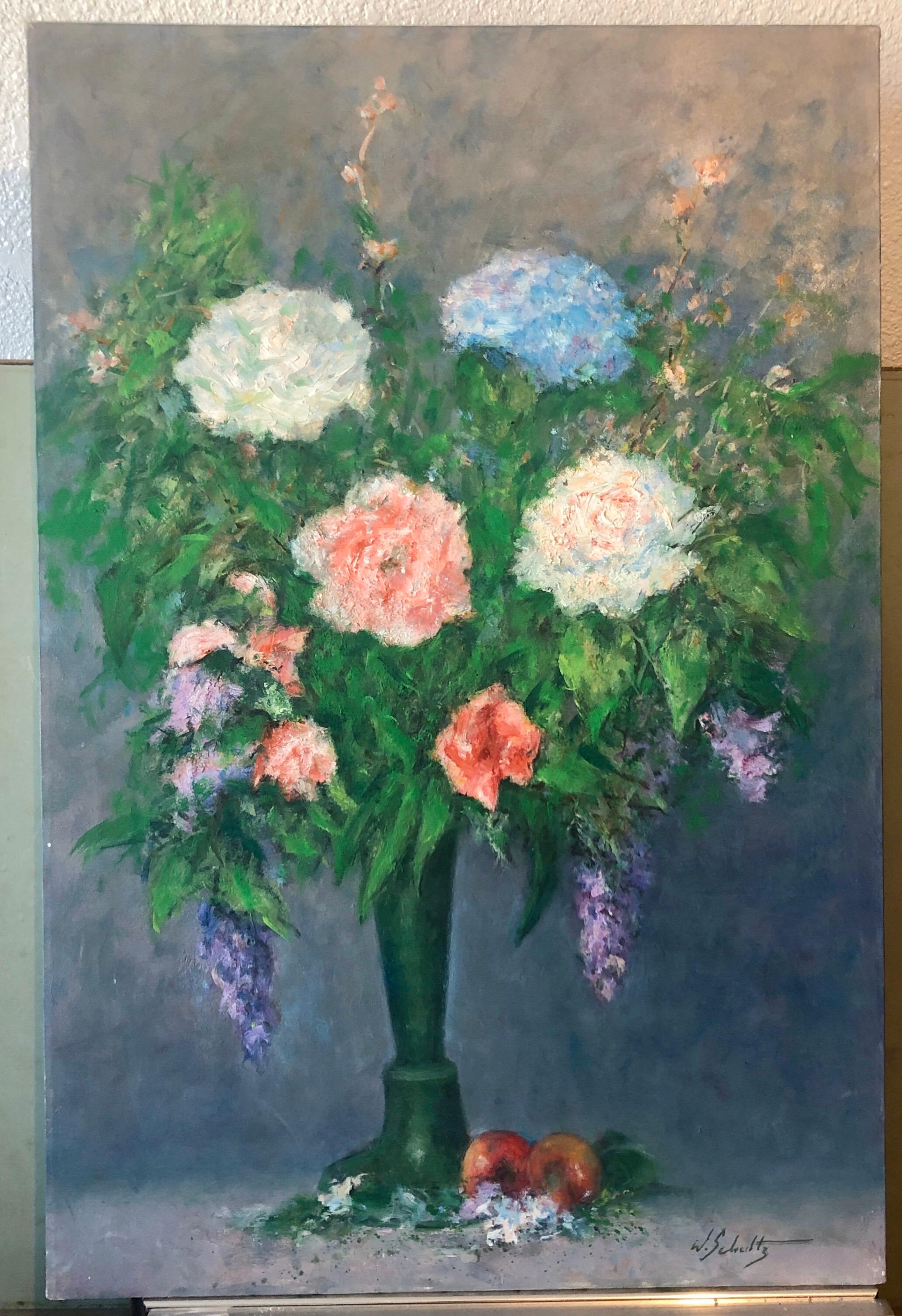 Amerikanisches impressionistisches Ölgemälde mit Blumen in Vase, lebhafte Blumen im Angebot 2