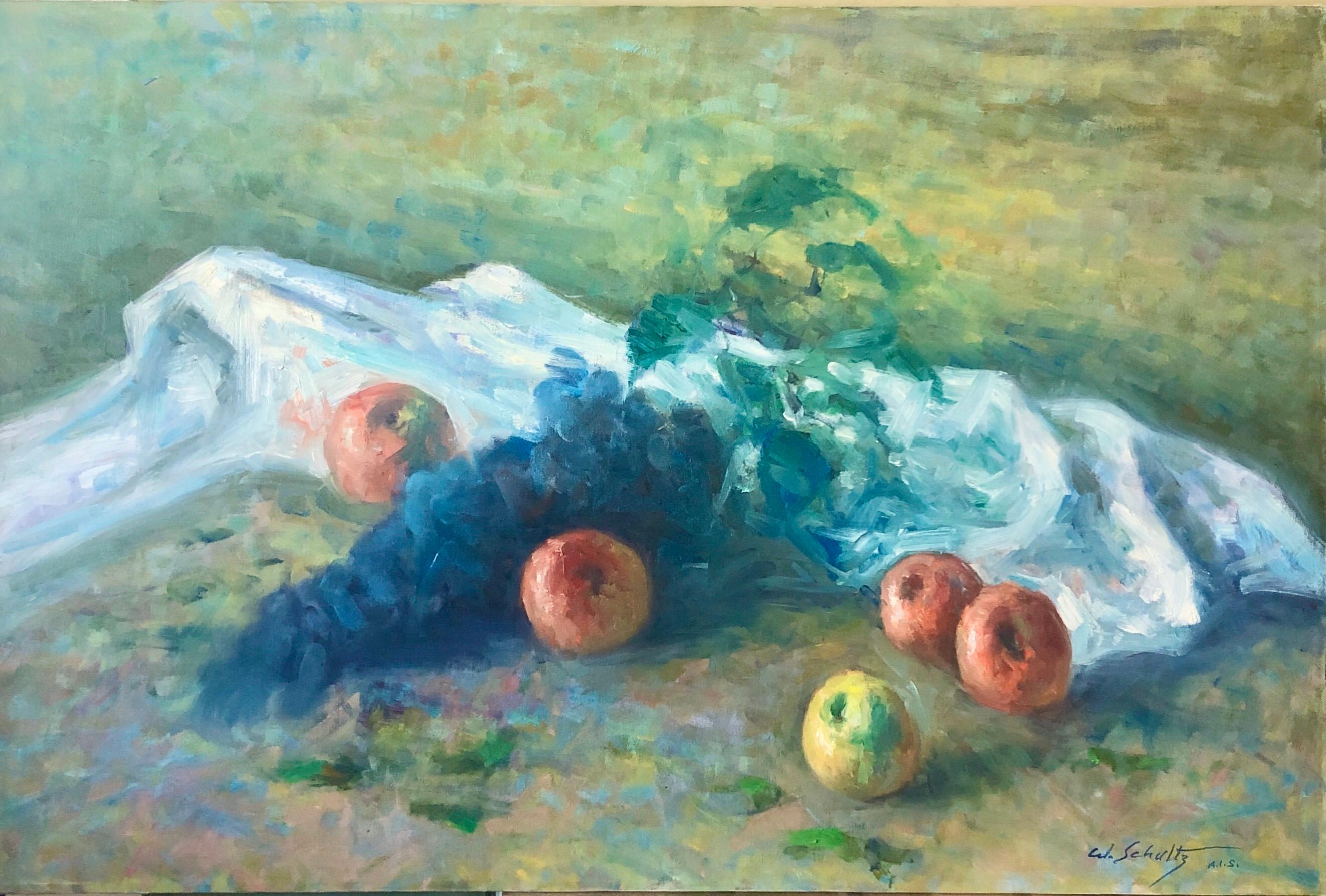 American Impressionist Fruits Oil Painting Vivid Apples and Grapes