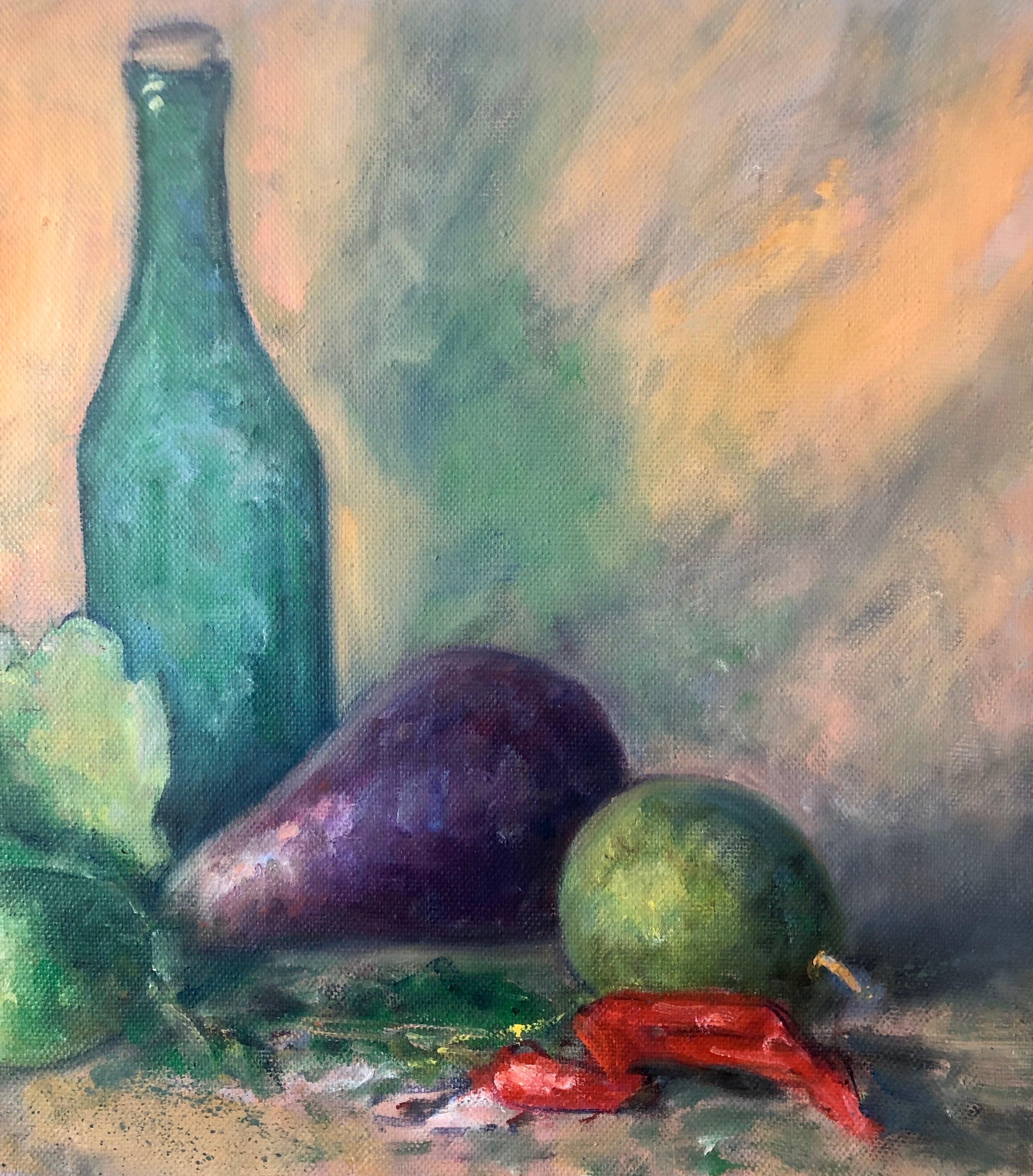 Peinture à l'huile impressionniste américaine - Fruits, légumes et bouteilles