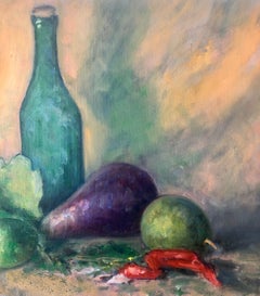 Vintage American Impressionist Fruits, Vegetables and Bottle Oil Painting