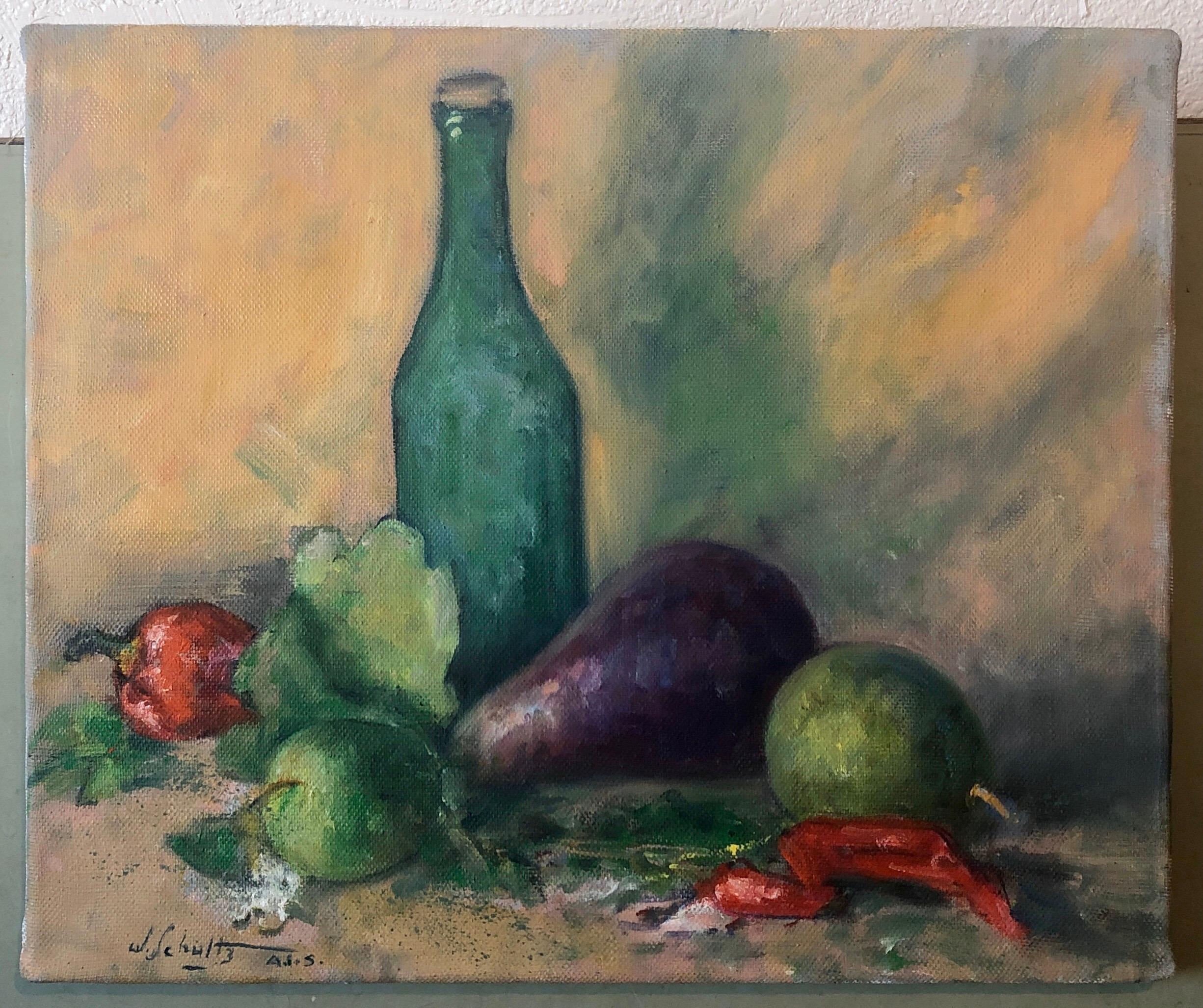 American Impressionist Fruits, Vegetables and Bottle Oil Painting For Sale 3