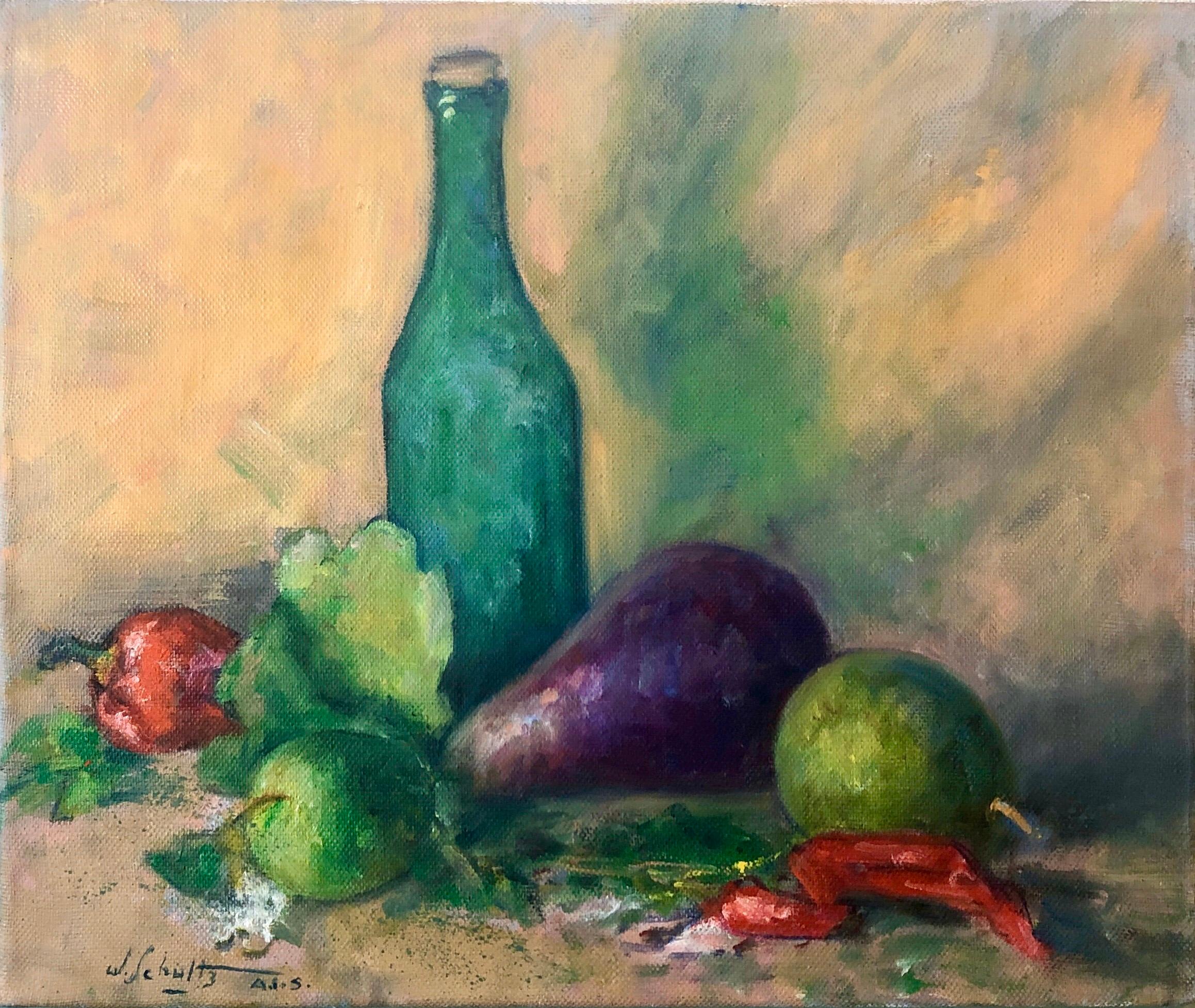 American Impressionist Fruits, Vegetables and Bottle Oil Painting For Sale 2