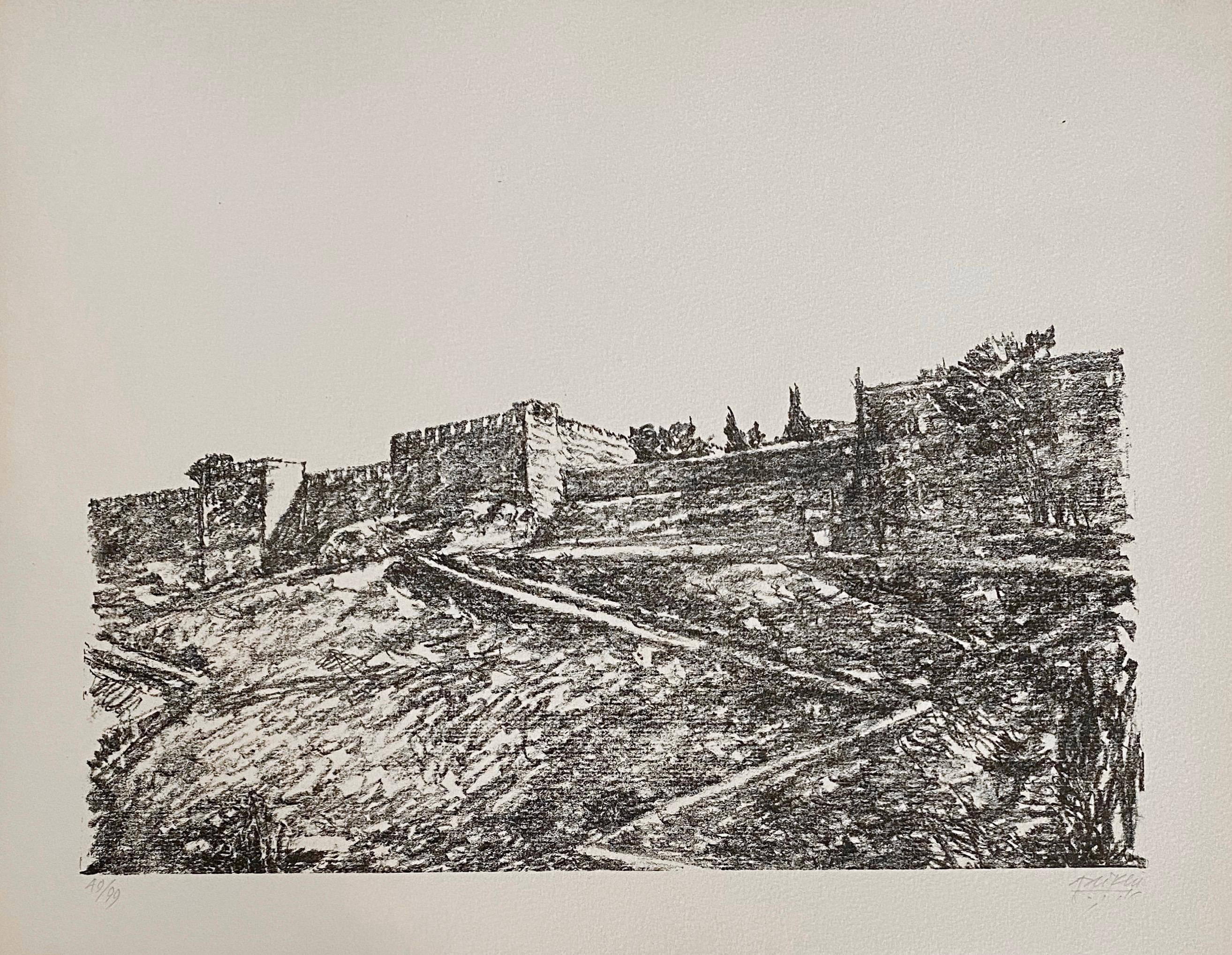 Lithographie moderniste israélienne de Jérusalem d'Avigdor Arikha, paysage de l'école Bezalel