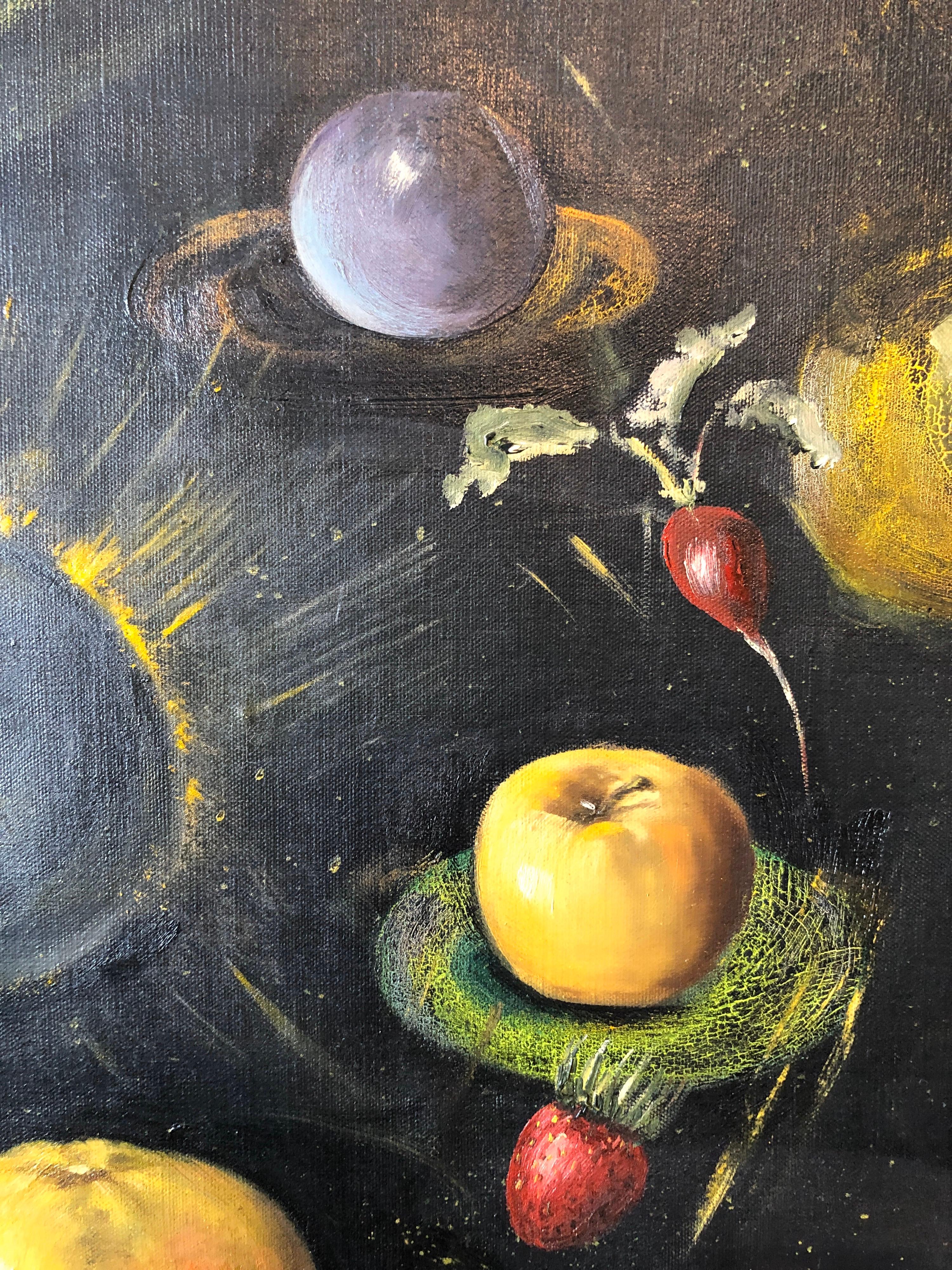 John Alton (American, 20thc.) Cosmic Fruits and Vegetables, 1960, oil on canvas, signed and dated lower left, framed. Bearing Art Services, Los Angeles label verso 25 in. x  30 in. canvas size,  26 in. x 32 in. as framed.

John Alton, A.S.C. born