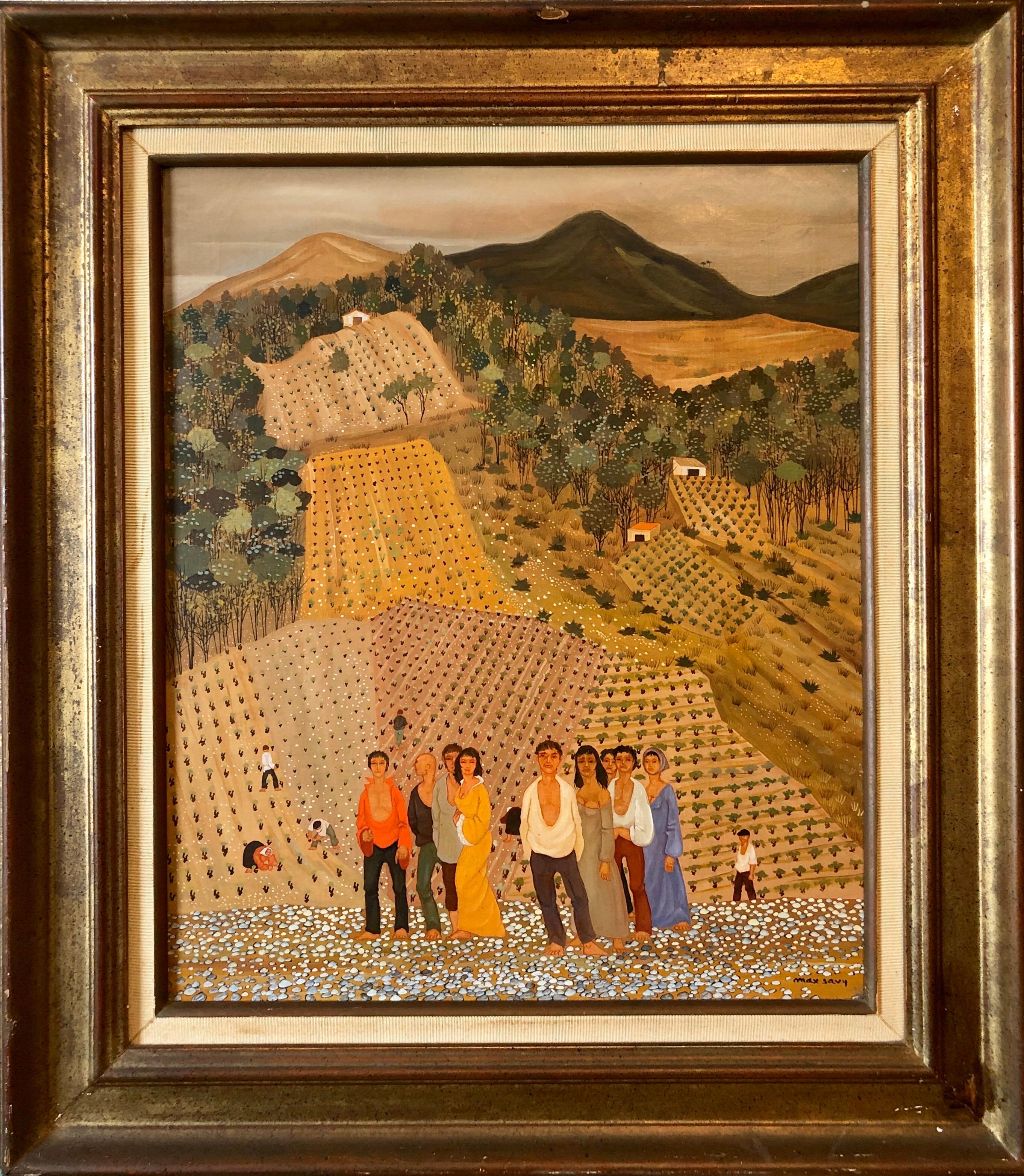 Max Savy Landscape Painting - French Folk Art Naive Oil Painting Workers in Vineyard, Les Vignes aux Gitans 