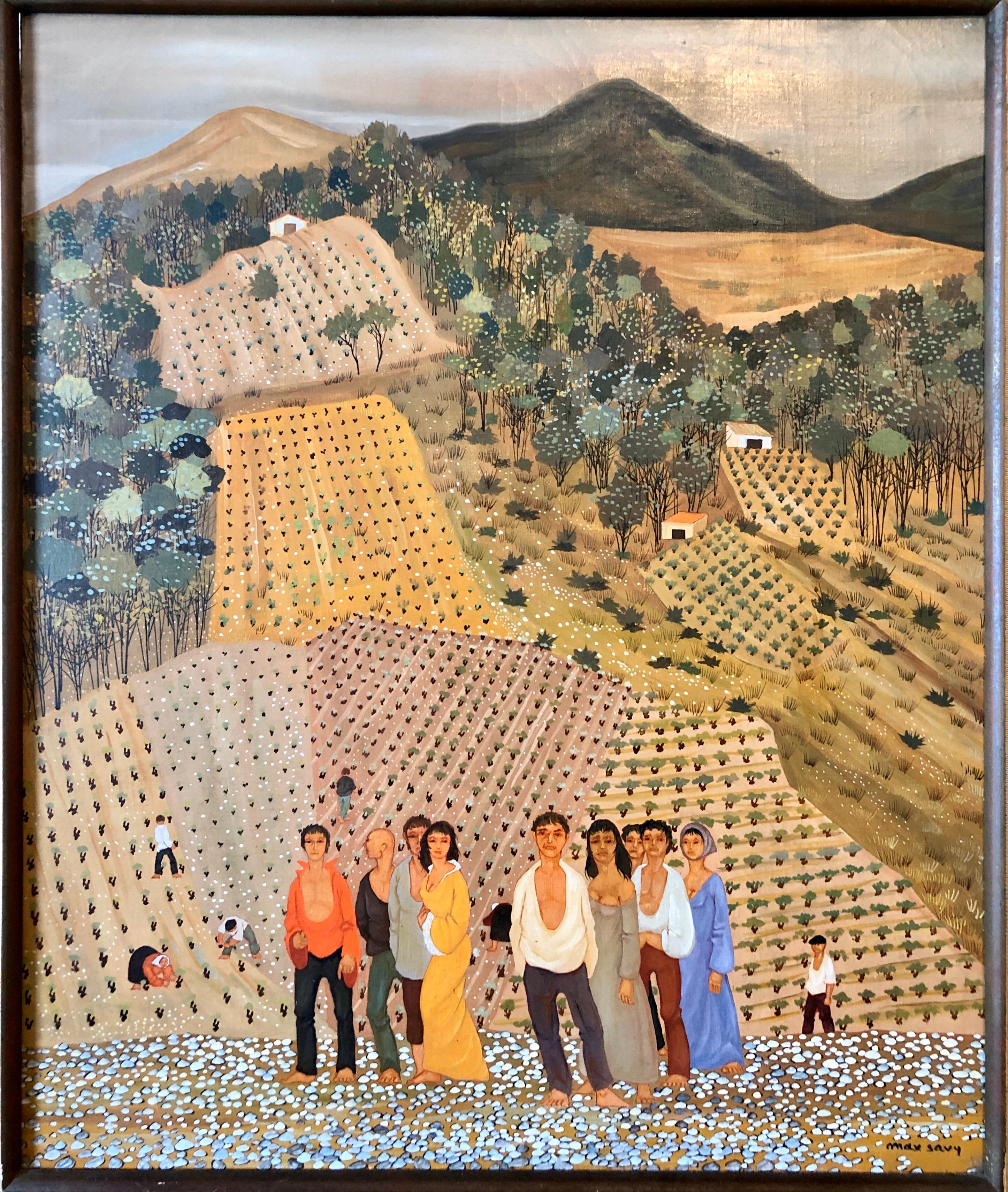 Art populaire français Peinture à l'huile naïve Travailleurs dans un vignoble:: Les Vignes aux Gitans - Painting de Max Savy