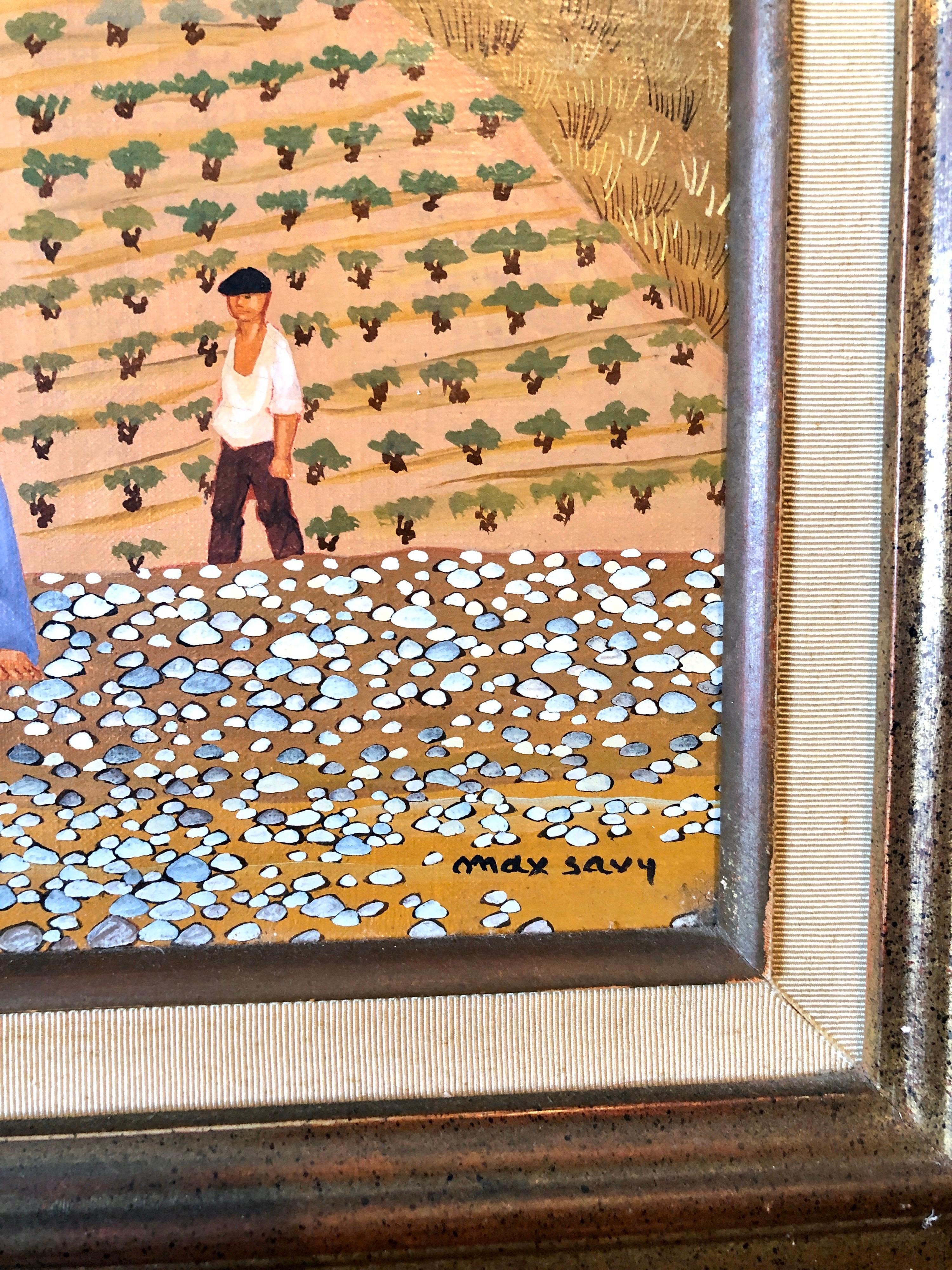 French Folk Art Naive Oil Painting Workers in Vineyard, Les Vignes aux Gitans - Brown Landscape Painting by Max Savy