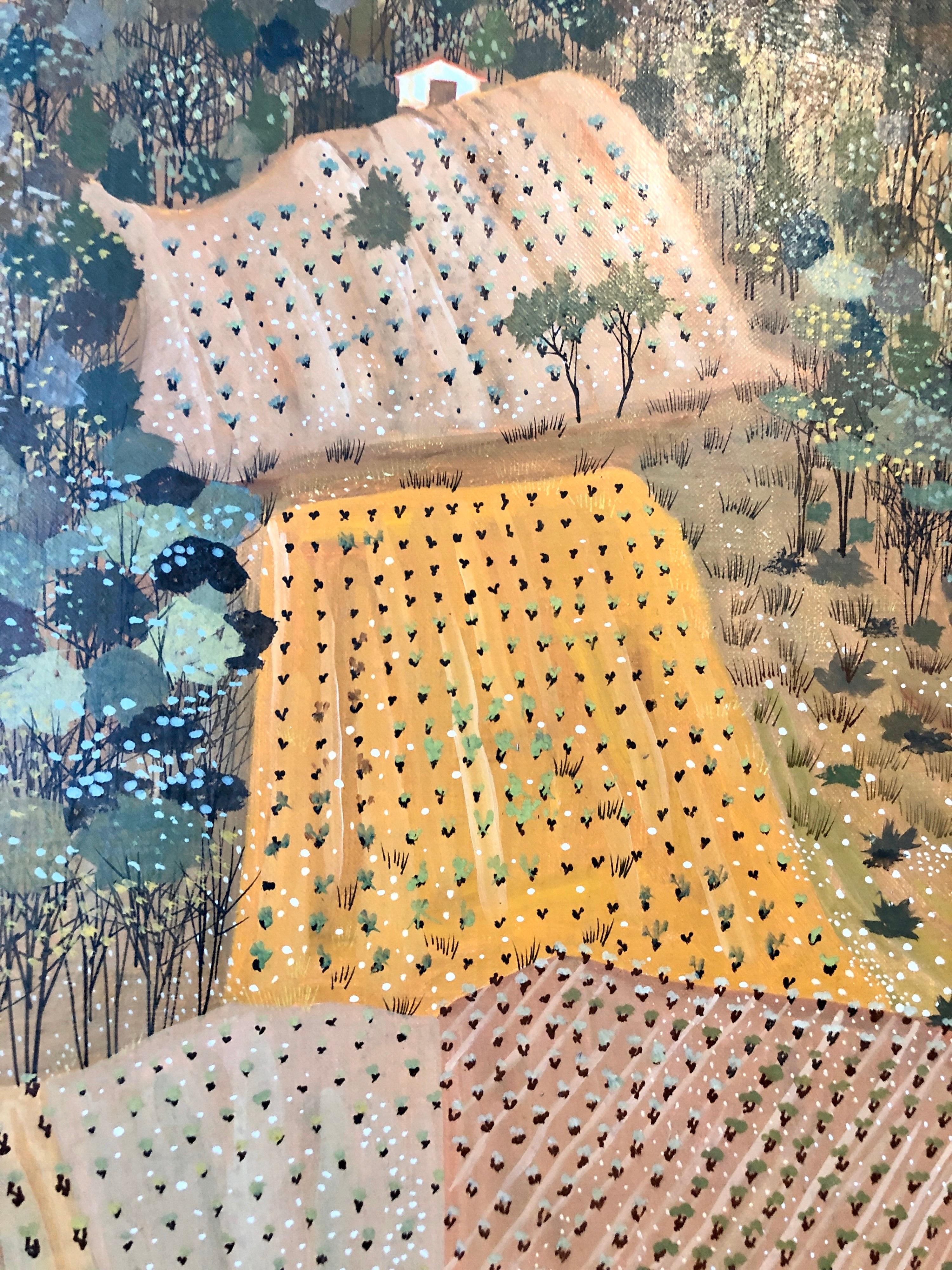 Art populaire français Peinture à l'huile naïve Travailleurs dans un vignoble:: Les Vignes aux Gitans - Marron Landscape Painting par Max Savy