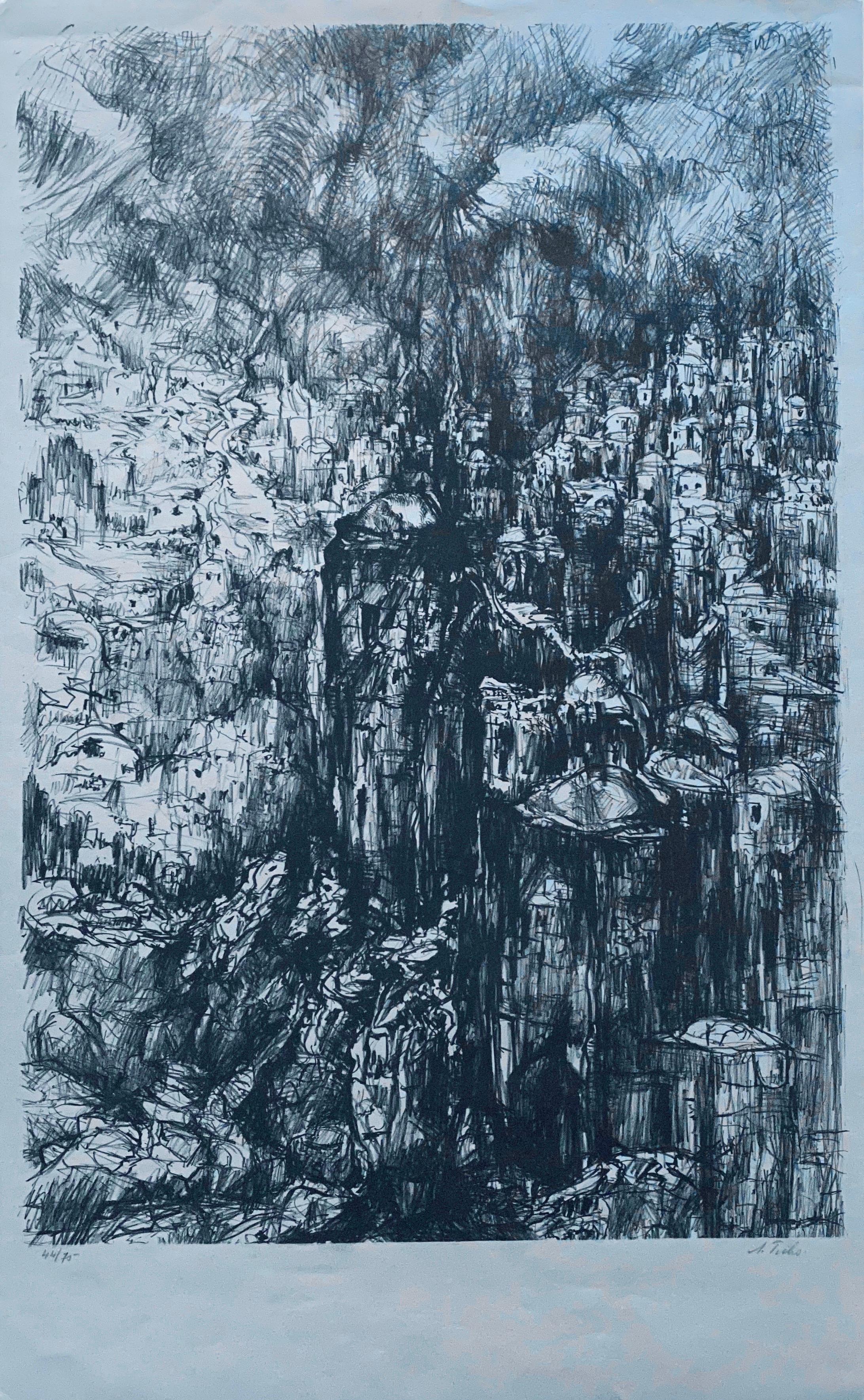 Anna Ticho Abstract Print – Deutsche abstrakte Lithographie der deutschen israelischen Expressionisten mit Jerusalemer Landschaft
