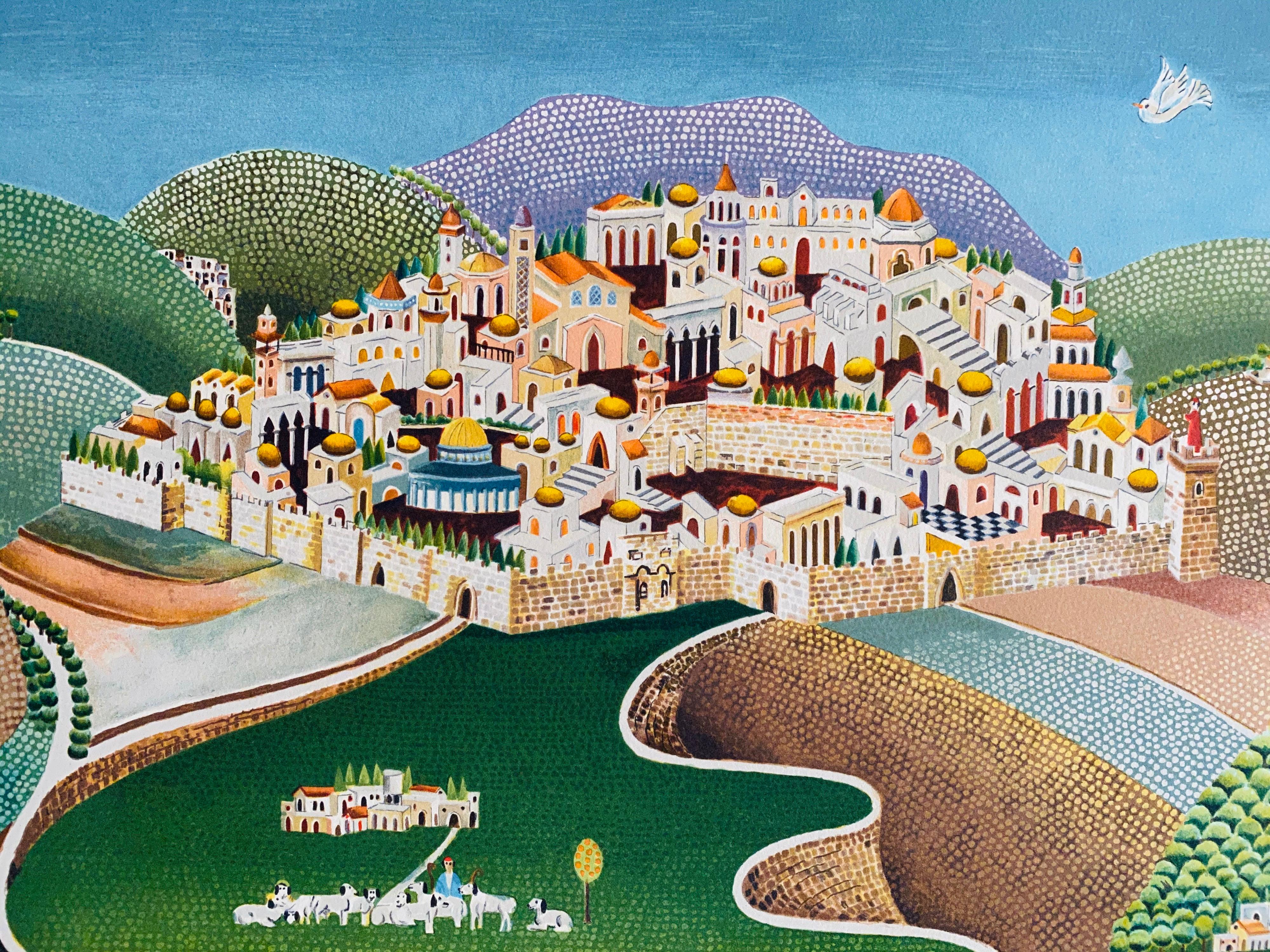 Folk Art Israeli Landscape Colorful Naive Jerusalem Landscape - Print by Heinz Seelig 