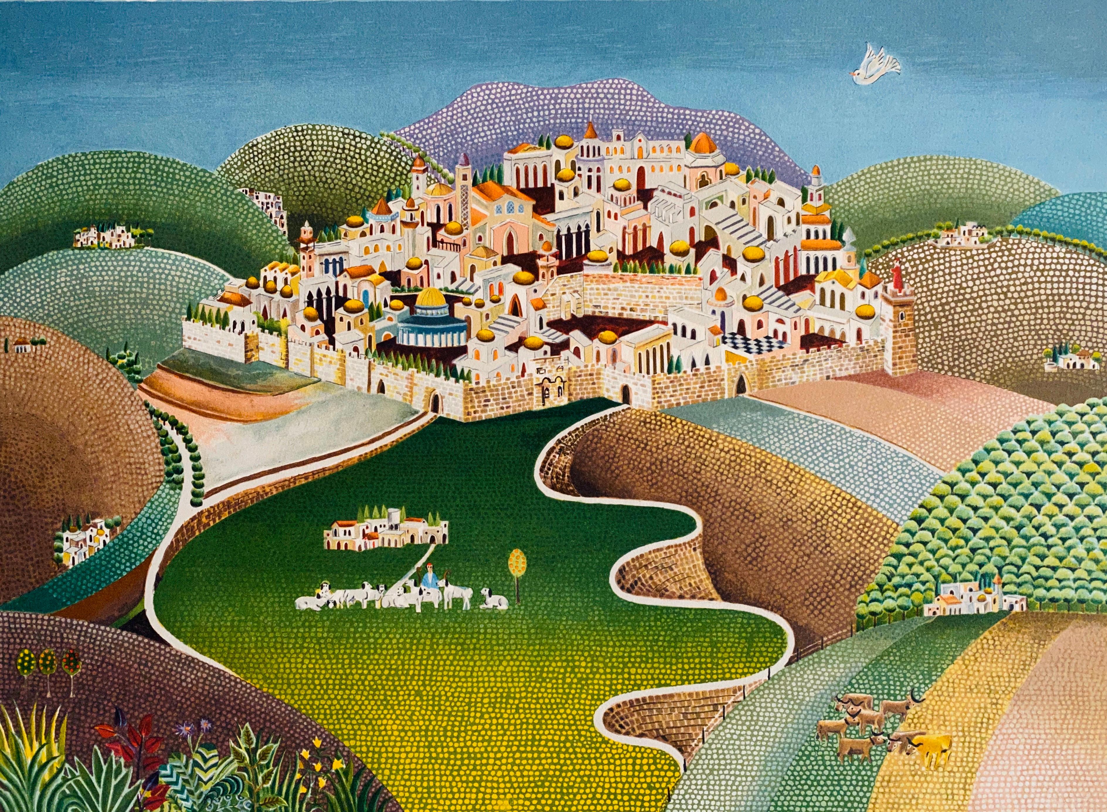 Heinz Seelig  Landscape Print - Folk Art Israeli Landscape Colorful Naive Jerusalem Landscape