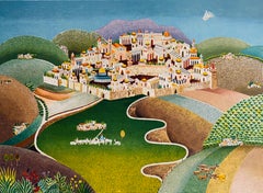 Vintage Folk Art Israeli Landscape Colorful Naive Jerusalem Landscape