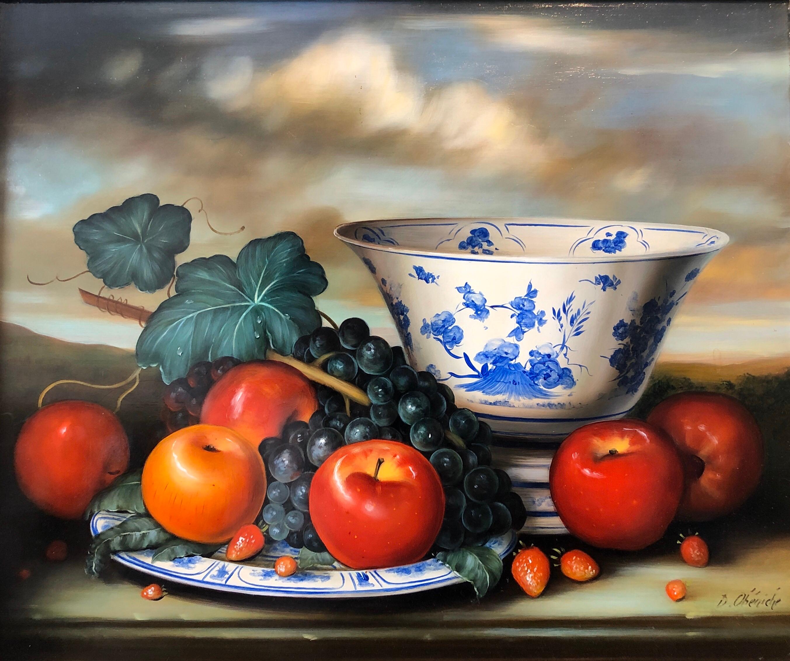 Still-Life Painting Dominique Obeniche - Tableau OIl Nature morte en porcelaine de Delft:: raisins & Pommes Findlay Galleries Label