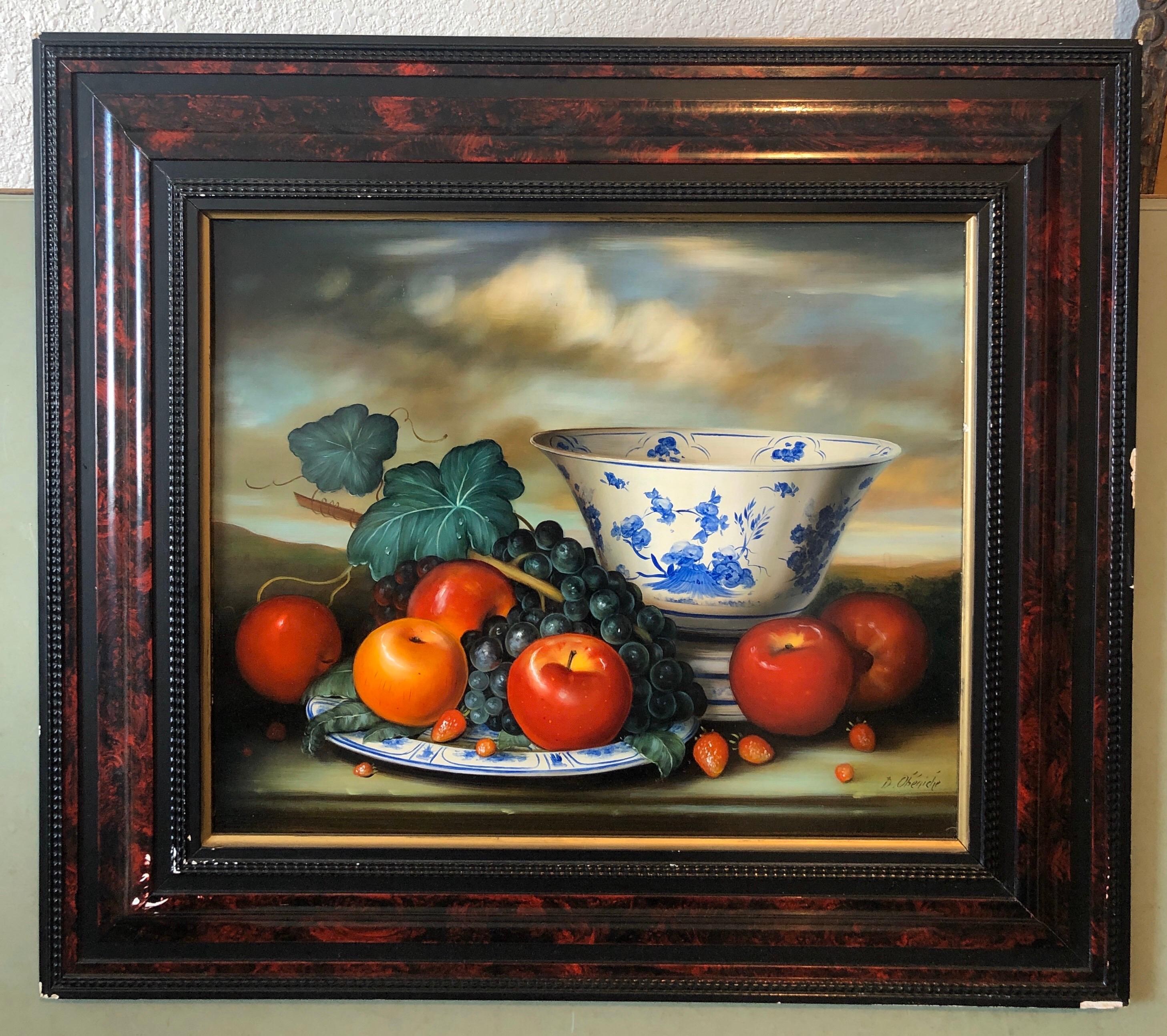 Tableau OIl Nature morte en porcelaine de Delft:: raisins & Pommes Findlay Galleries Label 4