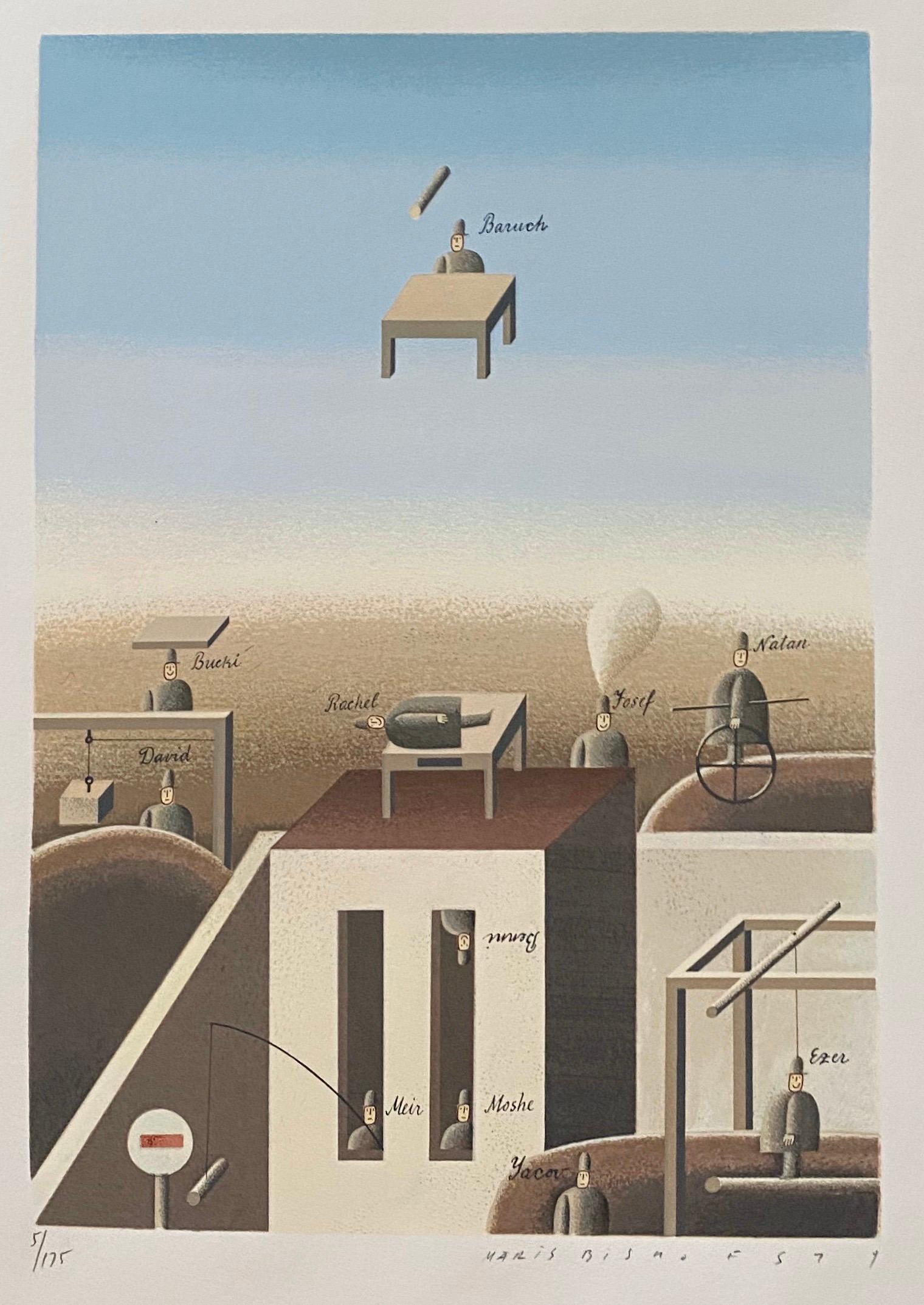 Maris Bishofs Figurative Painting - Latvian Israeli Surrealism Illustration Art Lithograph Screenprint Flying Baruch