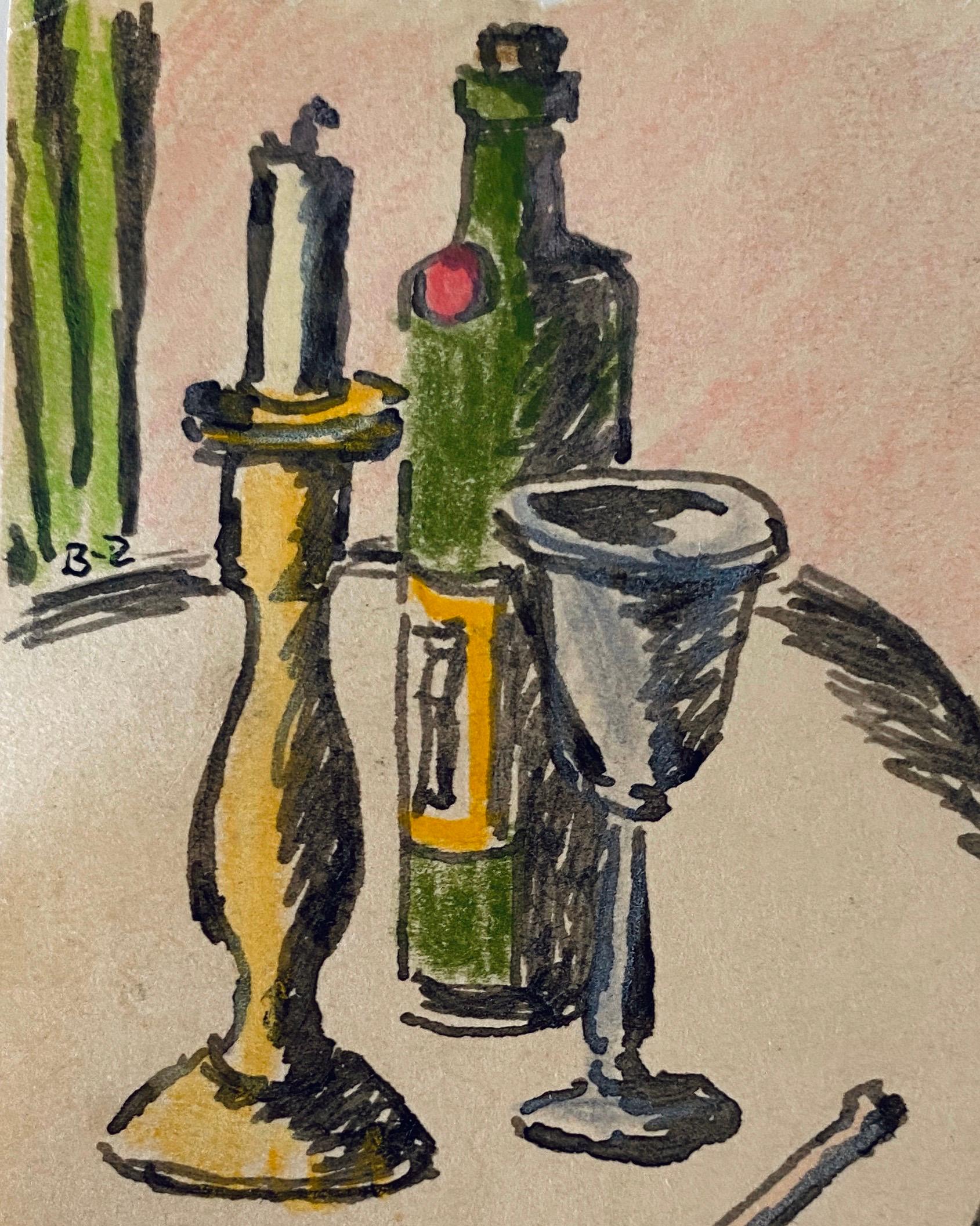 Judaica Wine, Candle Etching American Modernist WPA Watercolor Painting Drawing - Art by Ben-Zion Weinman