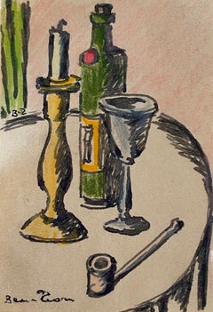 Vintage Judaica Wine, Candle Etching American Modernist WPA Watercolor Painting Drawing