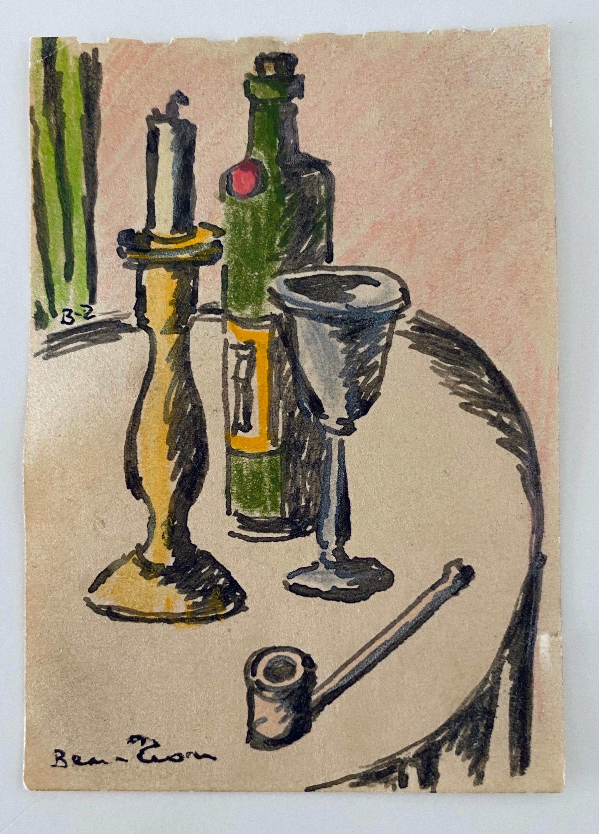 Judaica Wine, Candle Etching American Modernist WPA Watercolor Painting Drawing - Brown Figurative Art by Ben-Zion Weinman