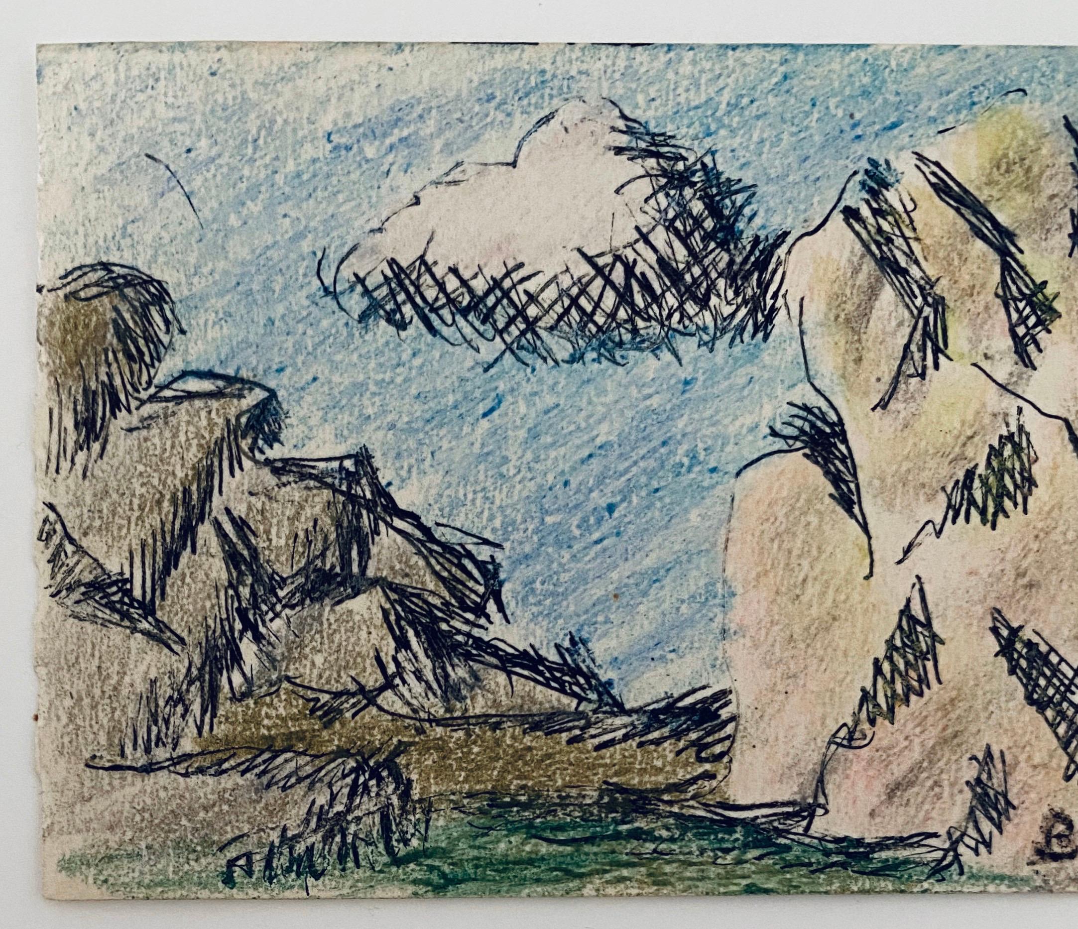 Pastel, Ink Drawing Rocks And Cloud Landscape Jewish American Modernist WPA - Art by Ben-Zion Weinman