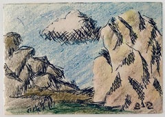 Vintage Pastel, Ink Drawing Rocks And Cloud Landscape Jewish American Modernist WPA